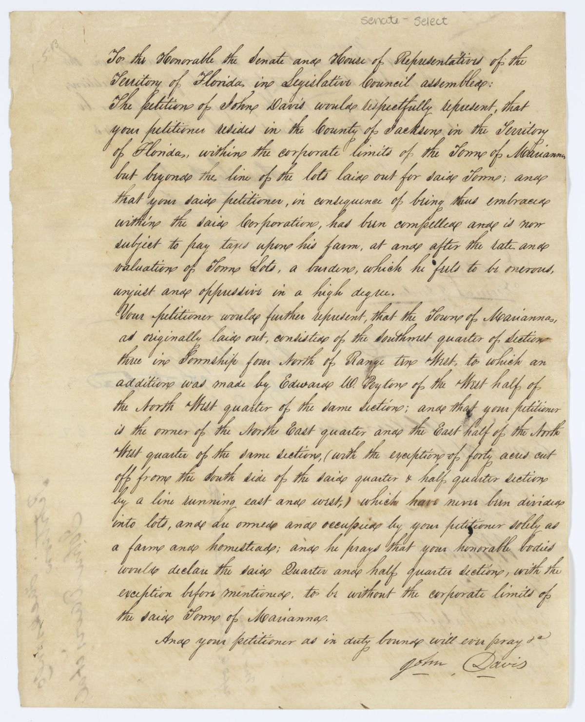 Two Petitions of John Davis Requesting that His Farm Be Outside of the Limits of the Town of Marianna, 1843