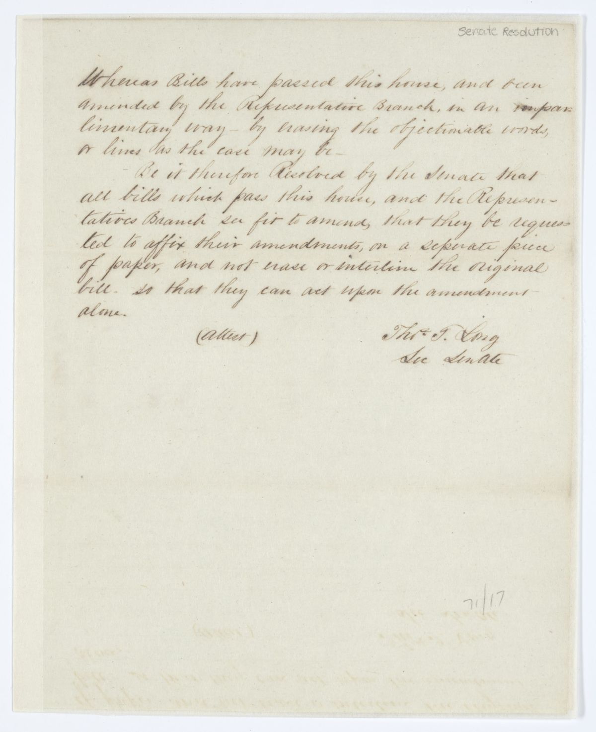 Resolution of the Senate Regarding the Manner of Amending Bills, circa 1843