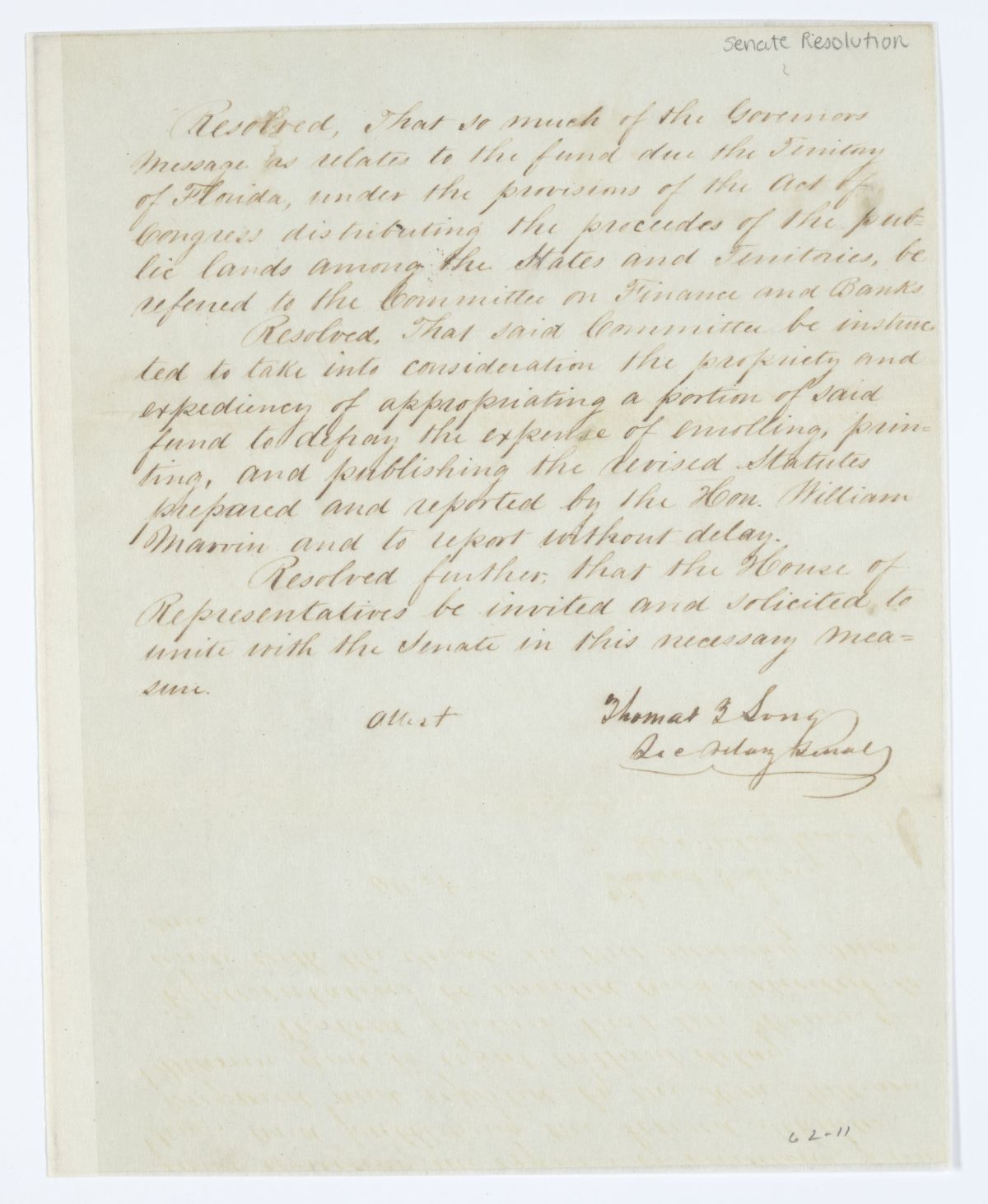 Resolution Instructing the Committee on Finance and Banks to Examine the Issue of Funding the Publication of the Revised Statutes, 1843