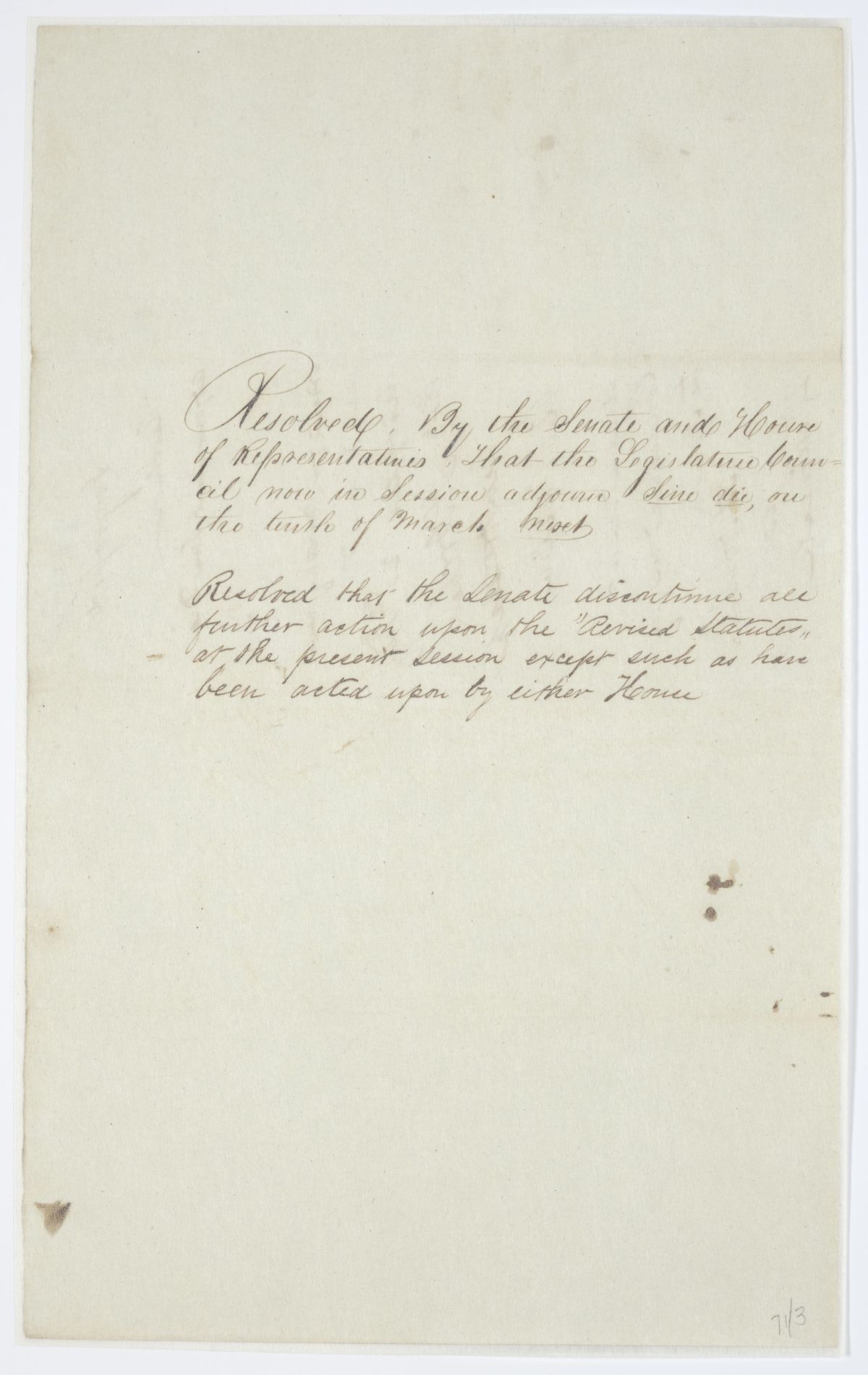 Two Resolutions: One Concerning Adjournment and One Regarding the Revised Statutes, 1843