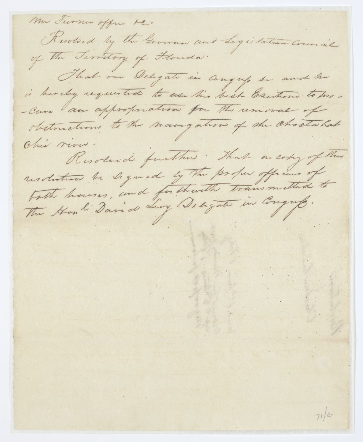 Resolution Directing the Florida Delegate in Congress to Obtain an Appropriation for the Clearing of the Choctawhatchee River, circa 1843