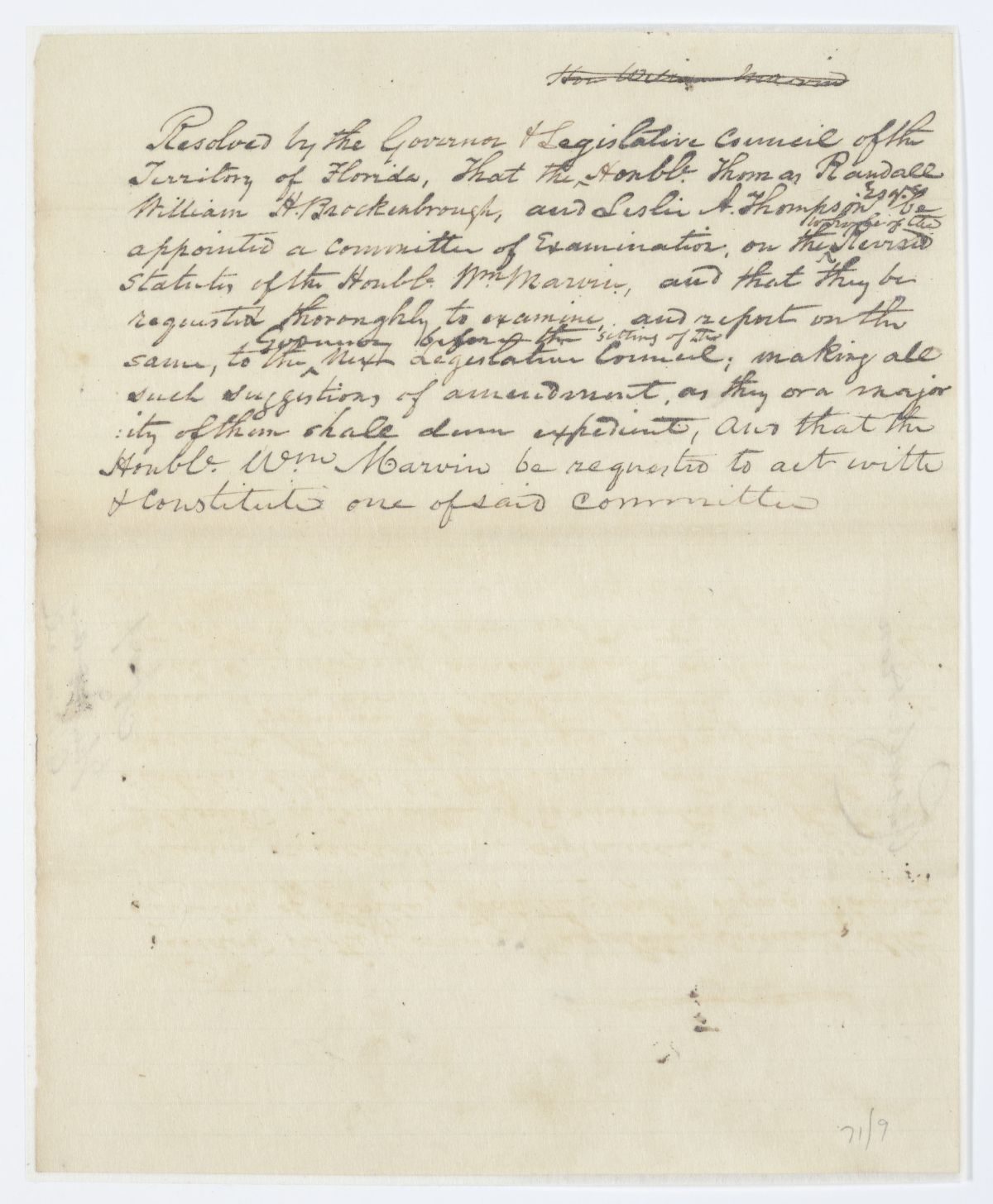 Resolution Appointing a Committee to Examine the Revised Statutes of William Marvin, circa 1843