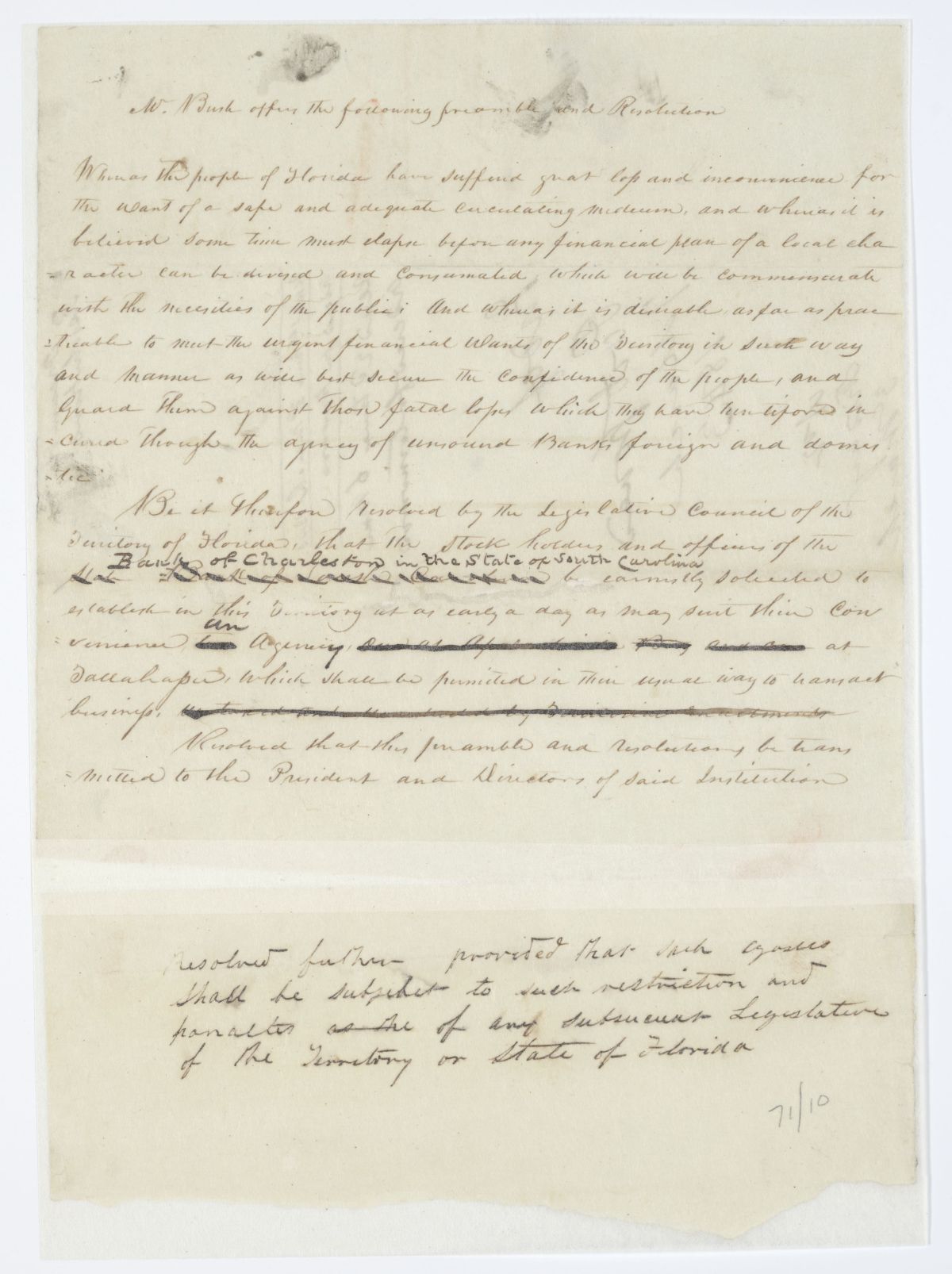 Resolution Requesting that the Bank of Charleston Open an Agency in Tallahassee, 1843