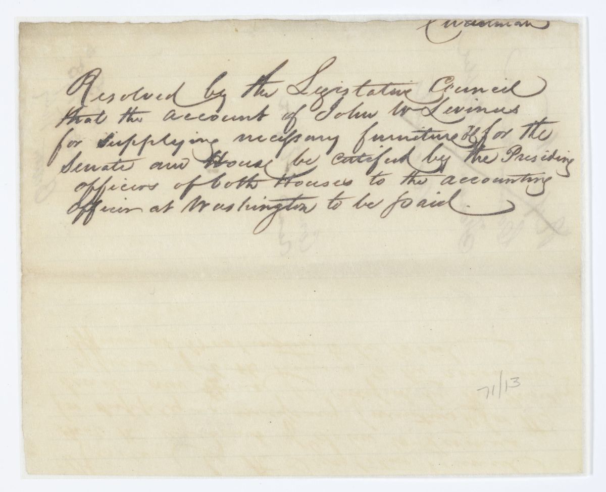 Resolution Directing that the Presiding Officers of Both Houses Certify the Account of John W. Levinus, circa 1843