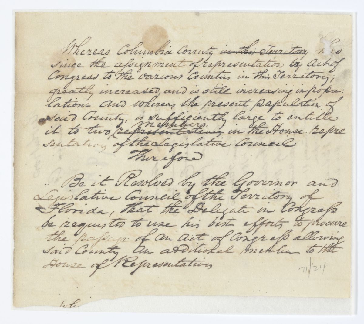 Resolution Directing the Florida Delegate in Congress to Procure the Passage of an Act Granting Columbia County More Representation, 1843