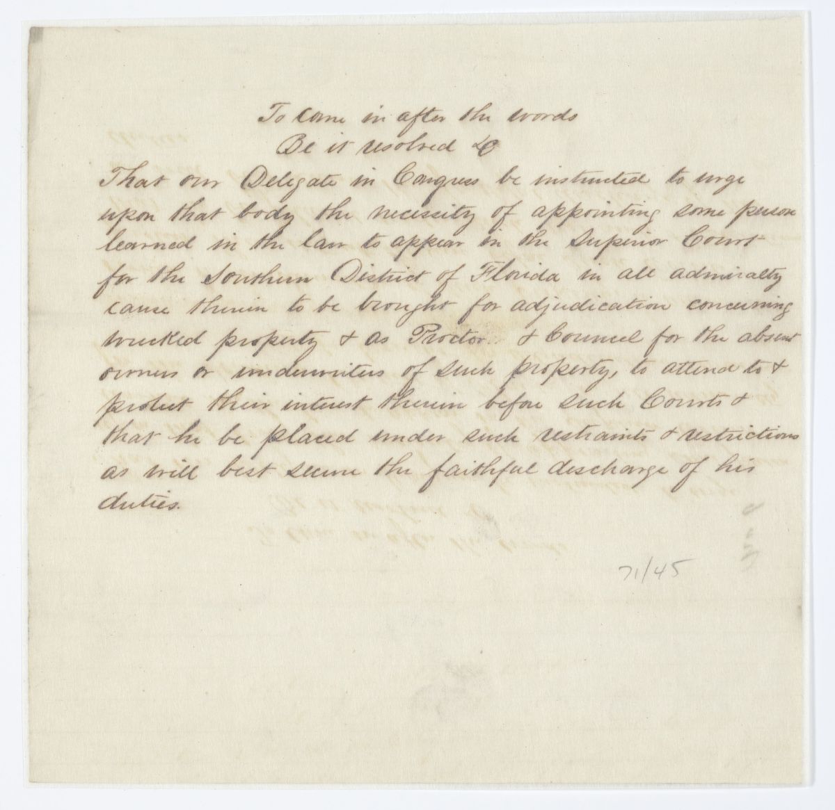 Resolution Directing the Florida Delegate in Congress to Obtain the Appointment of a Lawyer to Take Part in Wrecking Cases, circa 1843