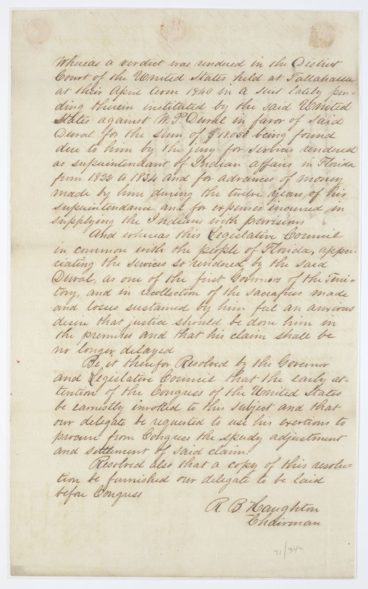 Resolution Directing the Florida Delegate in Congress to Procure a Settlement of W. P. Duval's Claim Against the General Government, 1843