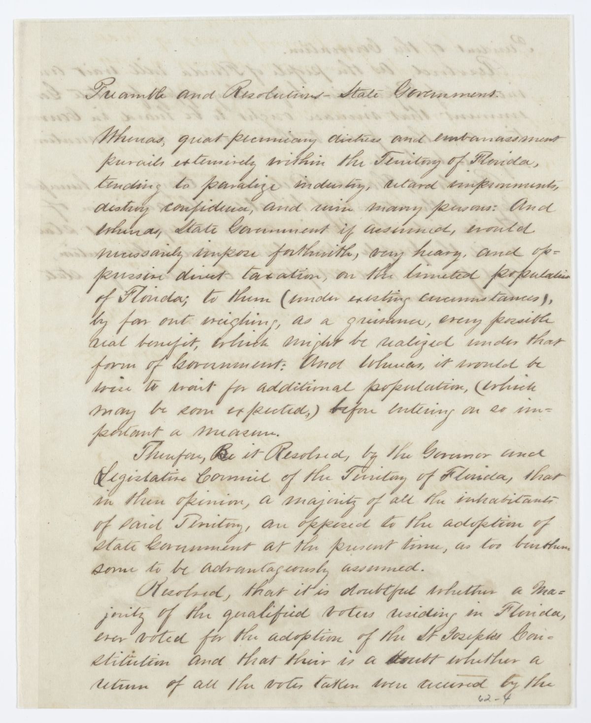 Resolution Directing the Florida Delegate in Congress to Oppose the Admission of Florida into the Union, circa 1843