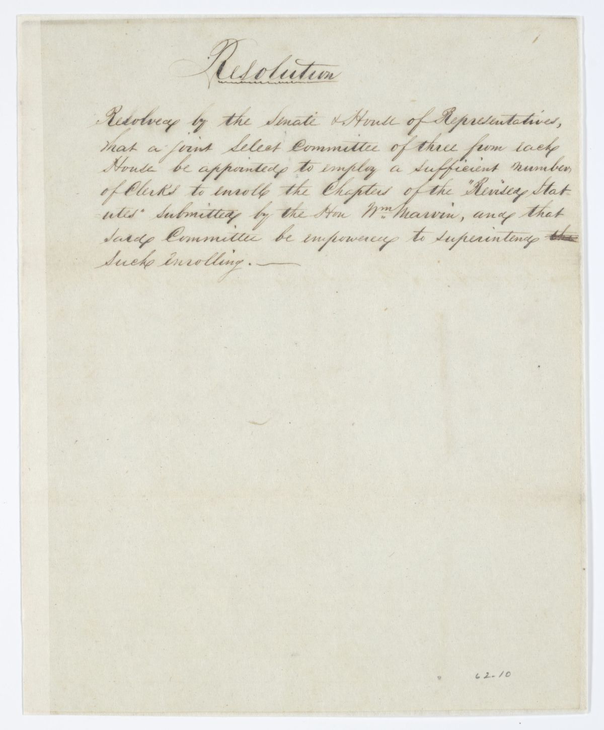 Resolution Calling for the Appointment of a Joint Select Committee to Employ Clerks to Enroll the Revised Statutes, 1843