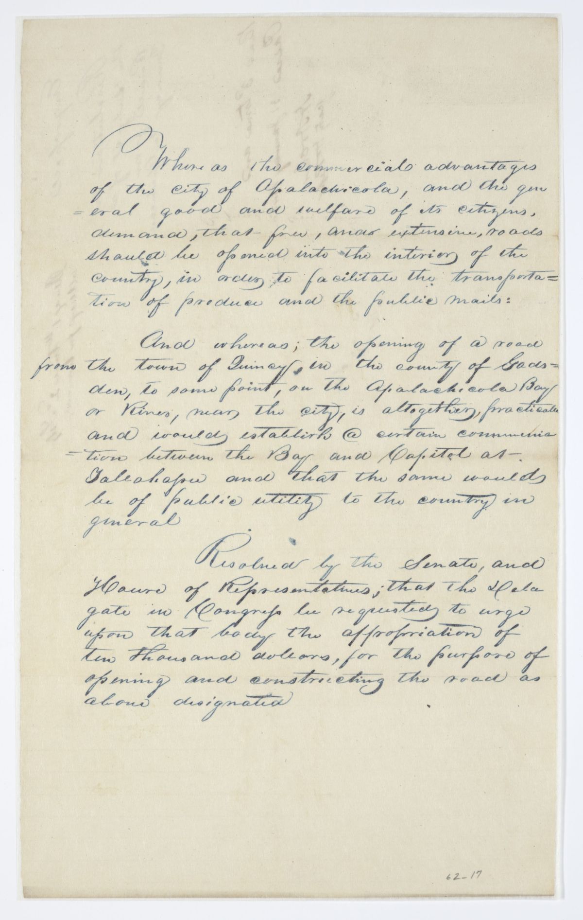 Resolution Directing the Florida Delegate in Congress to Procure an Appropriation for a Road Between Quincy and Apalachicola, 1843