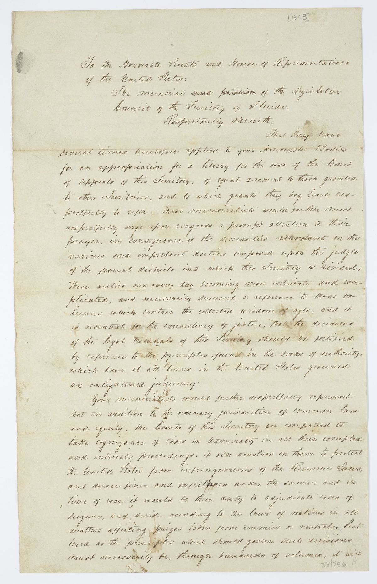 Memorial to Congress Requesting an Appropriation to Procure a Library for the Court of Appeals, 1843