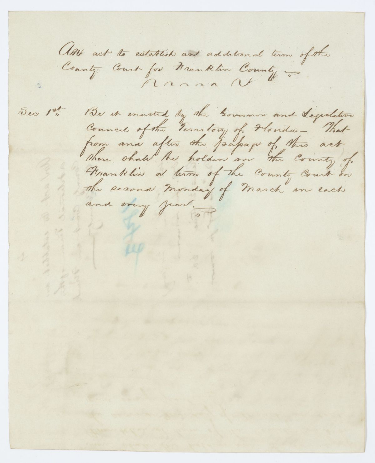 Draft of an Act to Establish an Additional Term of the County Court for Franklin County, 1843