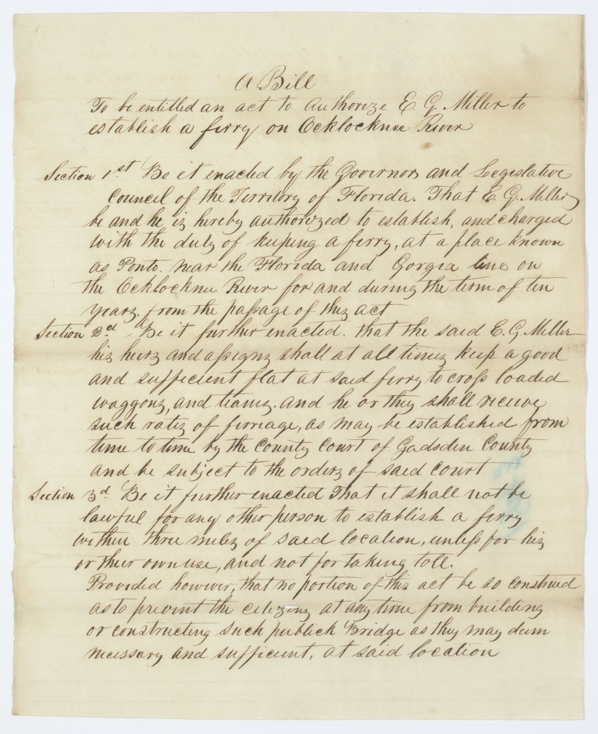 Draft of an Act to Authorize E. G. Miller to Establish a Ferry on the Ochlockonee River, 1843