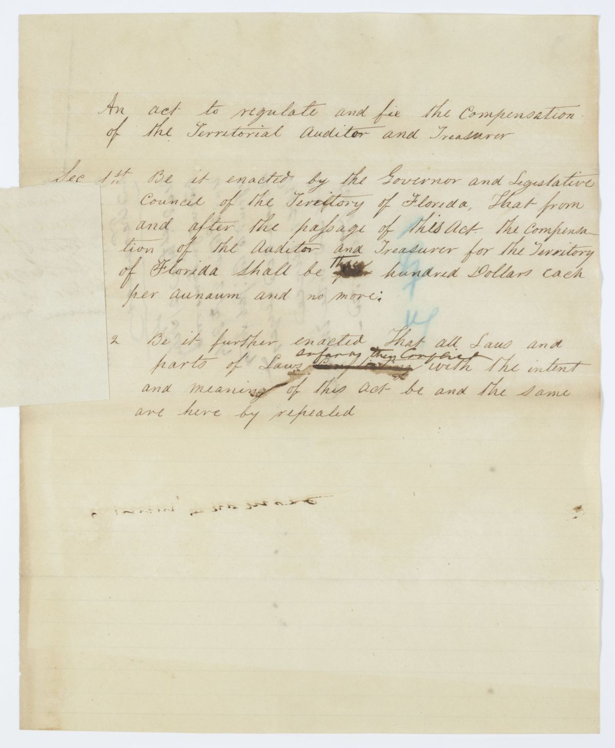 Draft of an Act to Regulate and Fix the Compensation of the Territorial Auditor and Treasurer, 1843