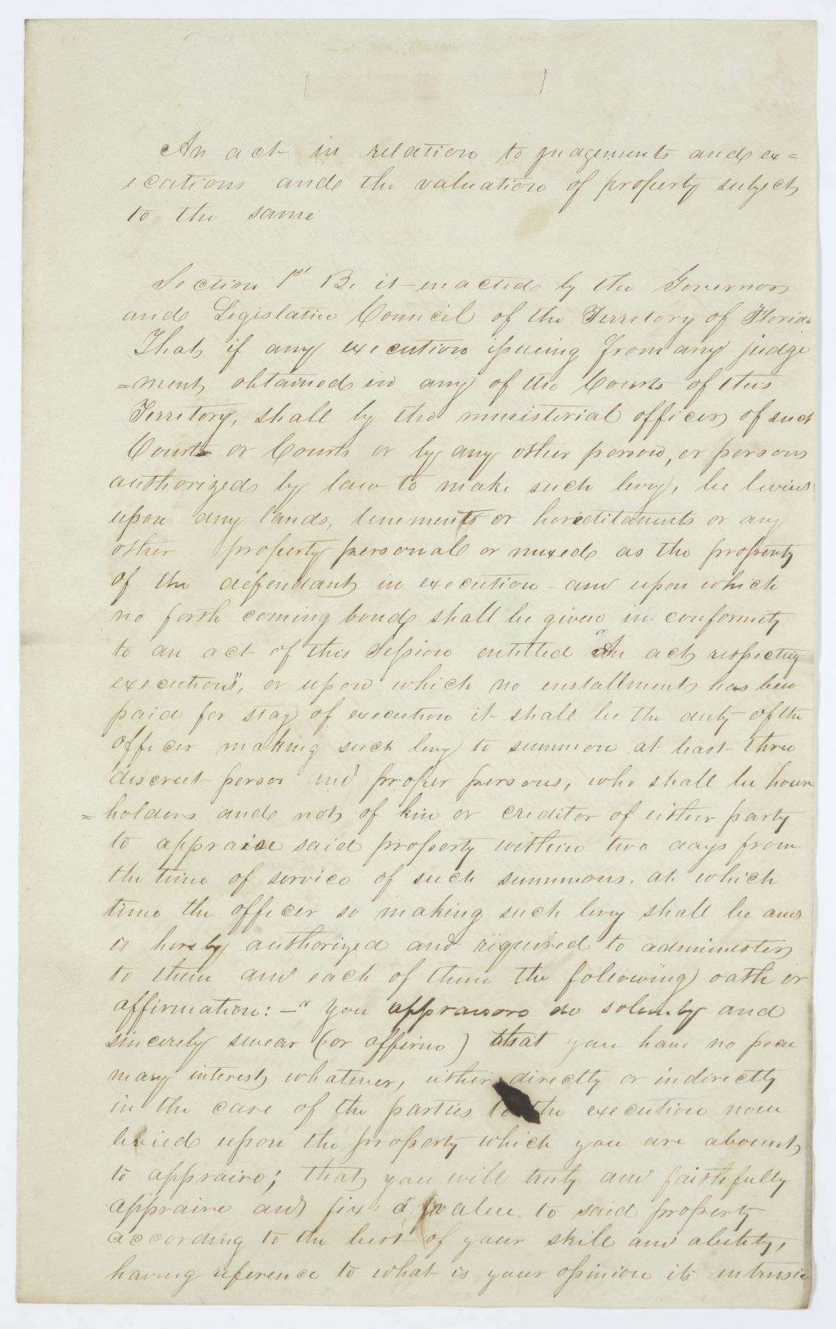 Draft of an Act in Relation to Judgments and Executions and the Valuation of Property Subject to the Same, circa 1843