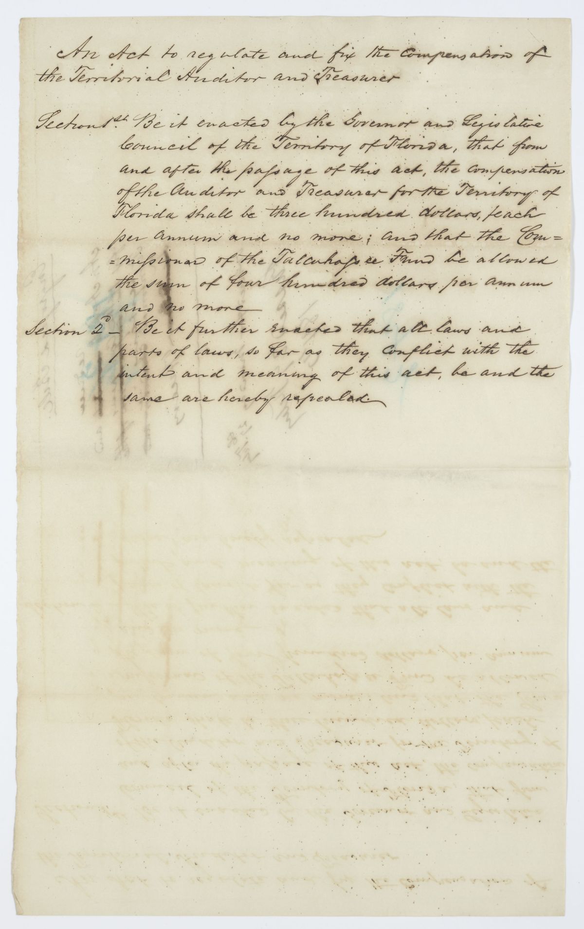 Draft of an Act to Regulate and Fix the Compensation of the Territorial Auditor and Treasurer, 1843