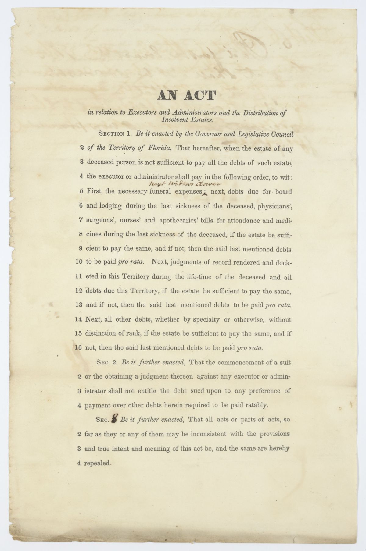 Draft of an Act in Relation to Executors and Administrators and the Distribution of Insolvent Estates, circa 1843