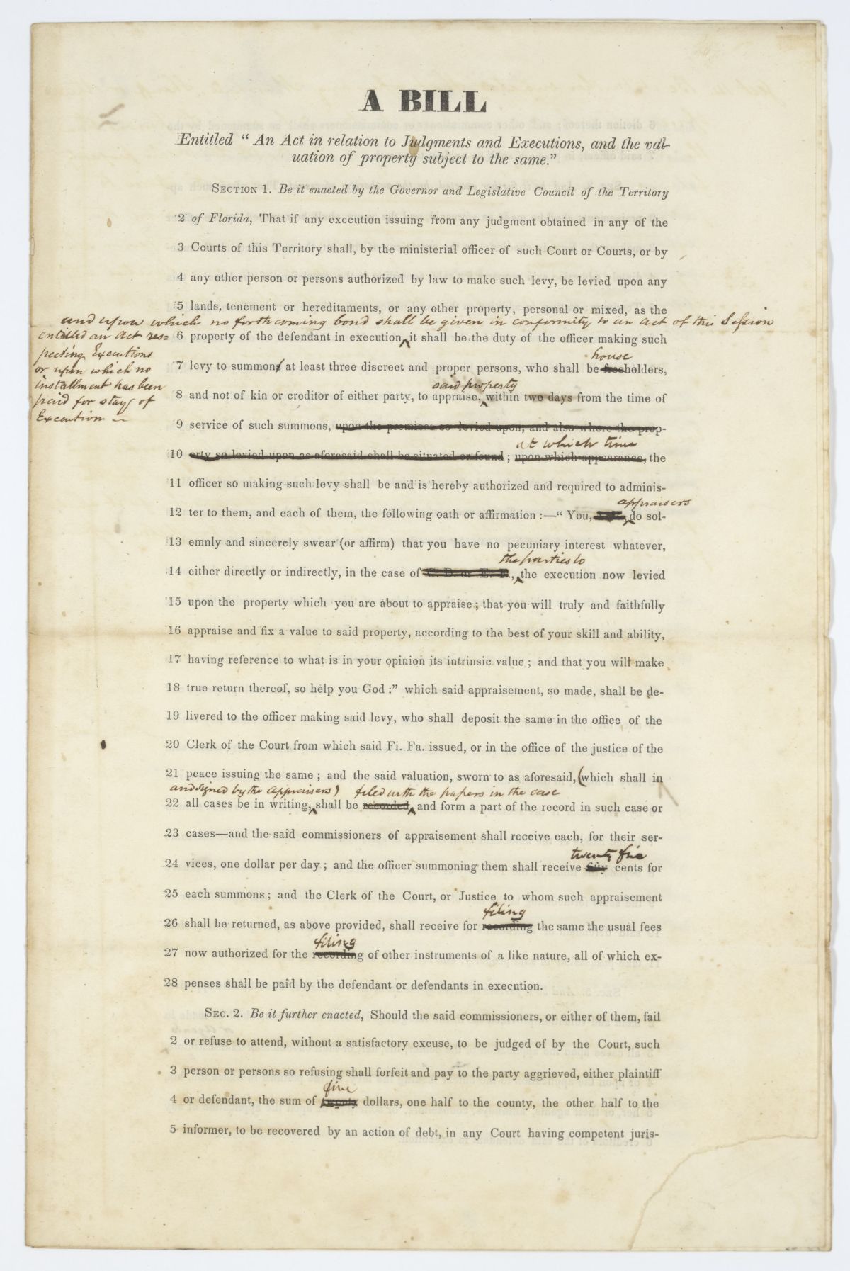 Draft of an Act in Relation to Judgments and Executions and the Valuation of Property Subject to the Same, circa 1843