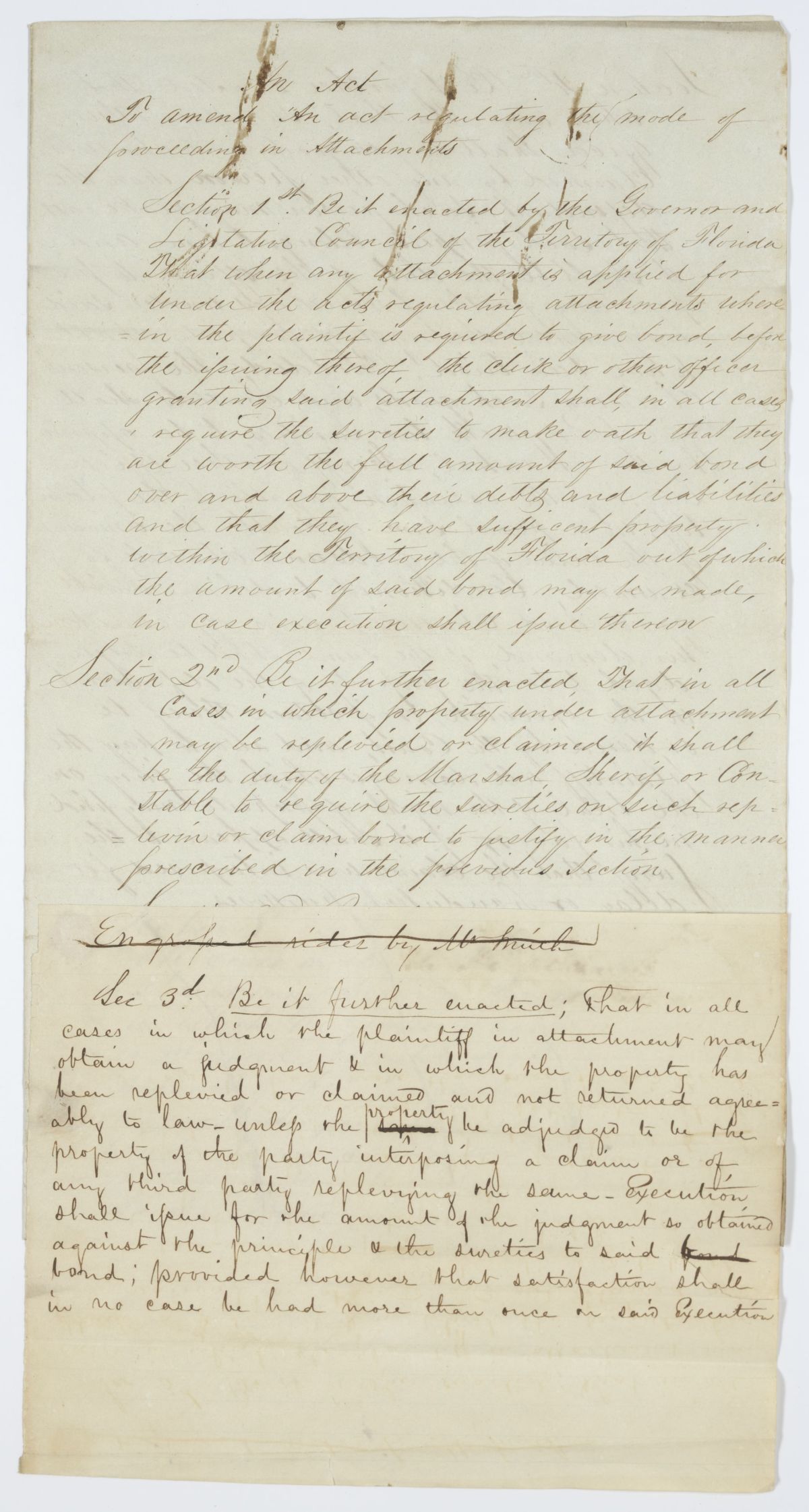 Draft of an Act to Amend an Act Regulating the Mode of Proceeding in Attachments, circa 1843