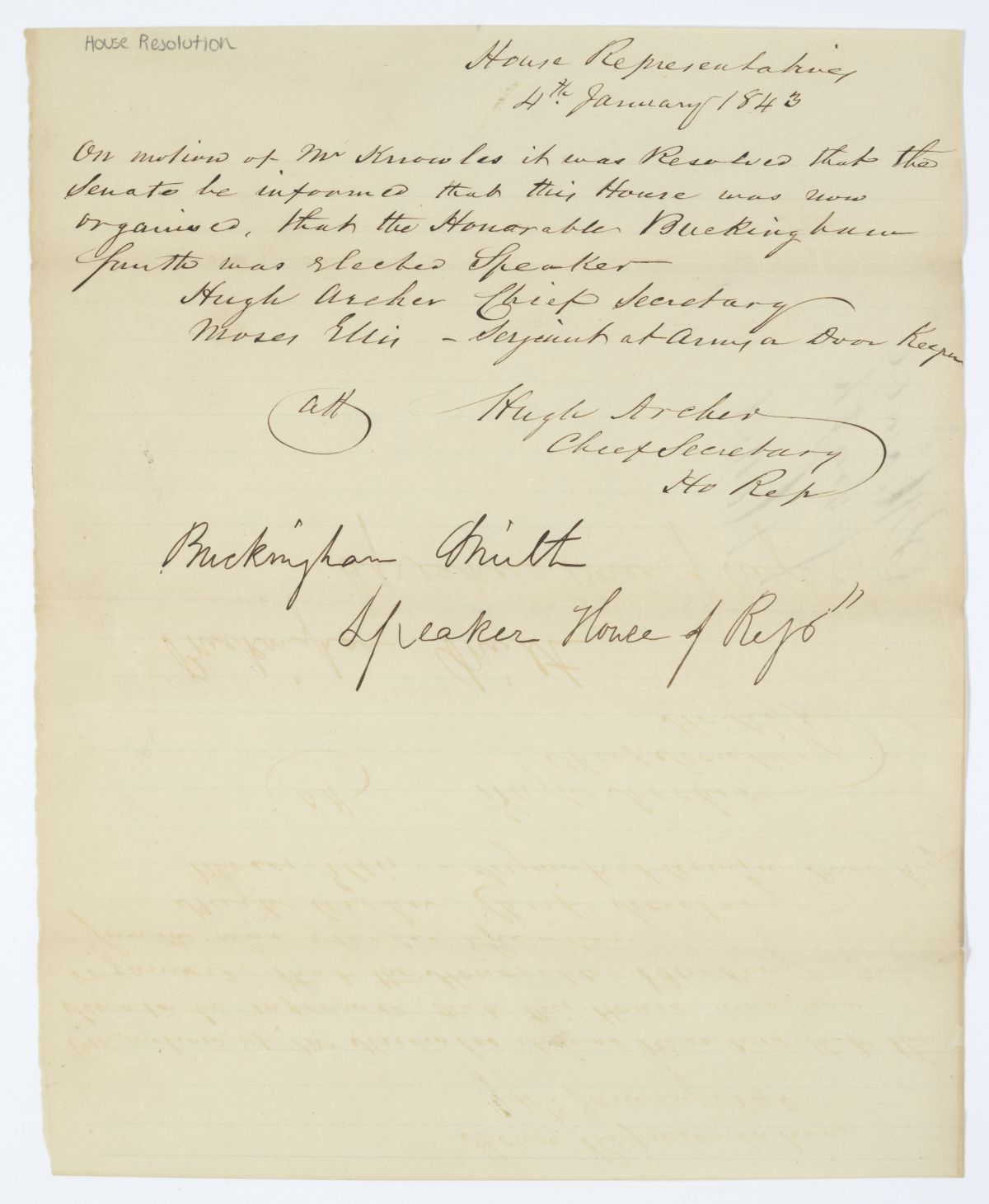 Message from the House Informing the Senate of the Selection of Legislative Officers, 1843