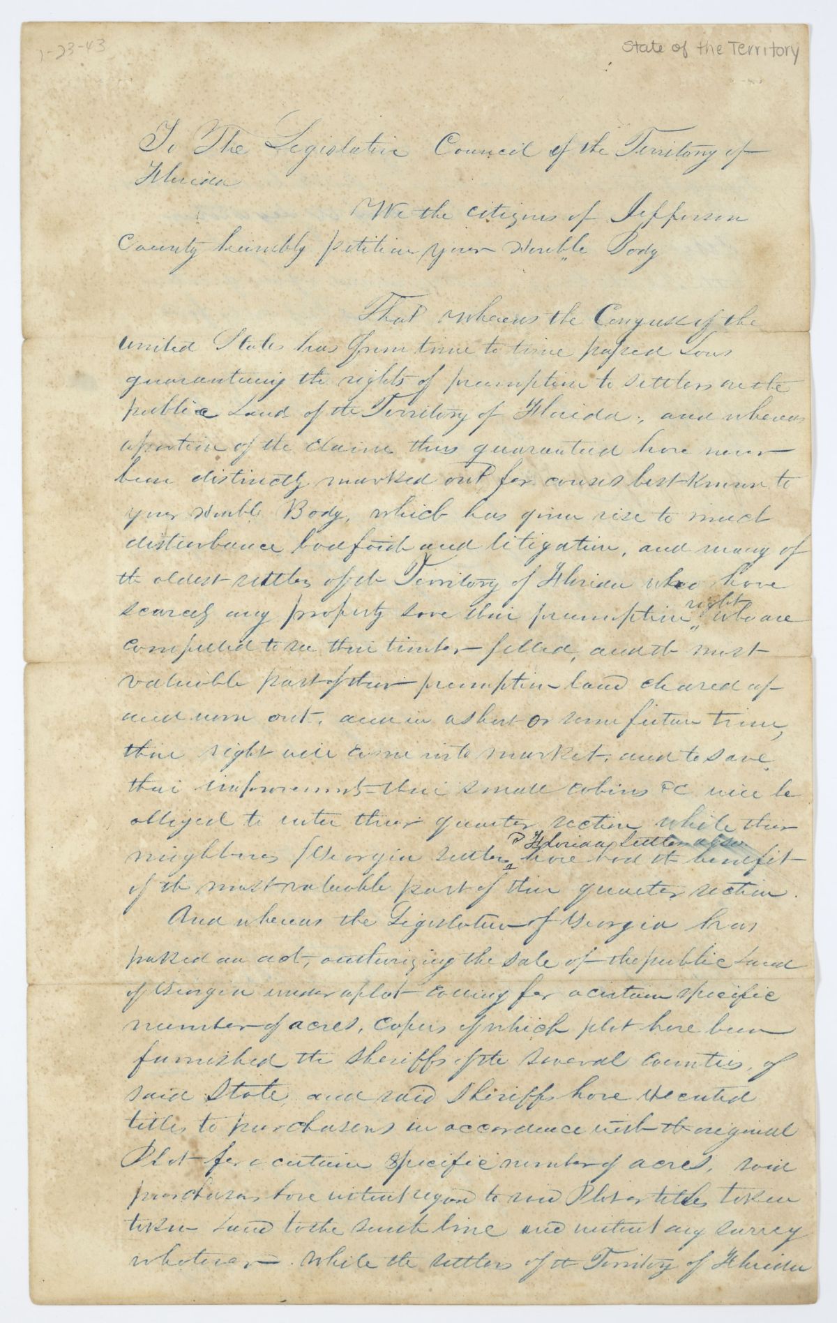 Petition of Citizens of Jefferson County Concerning Preemption and the Boundary Line with Georgia, circa 1843