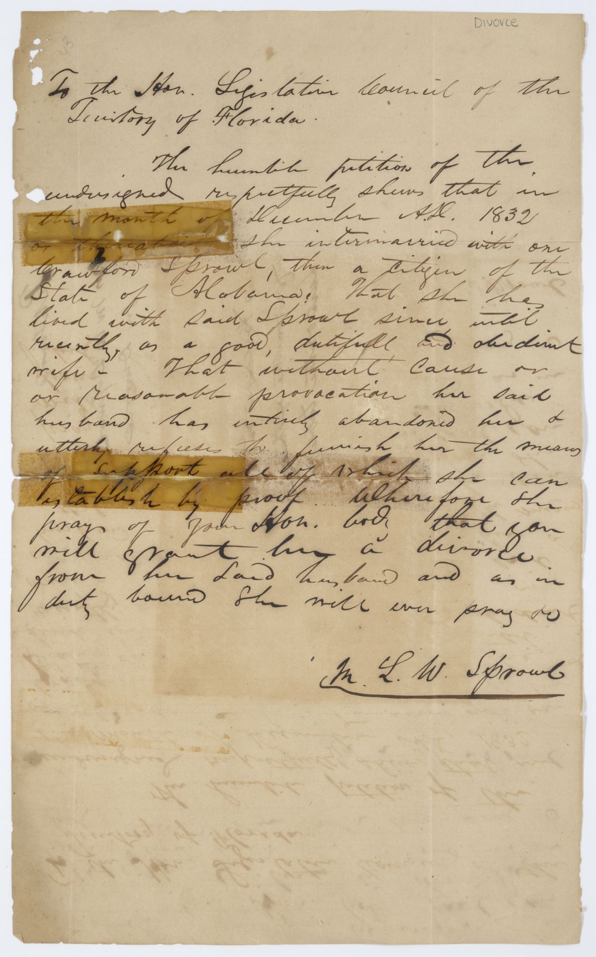 Divorce Petition of M. L. W. Sprowl, circa 1843