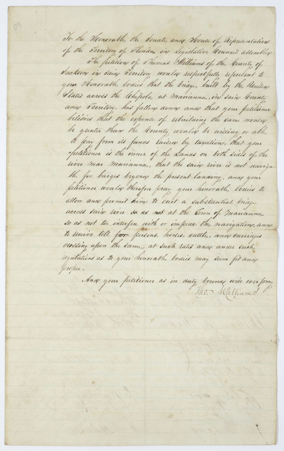 Two Petitions Requesting that Thomas Williams Be Allowed to Build a Bridge over the Chipola River, circa 1843