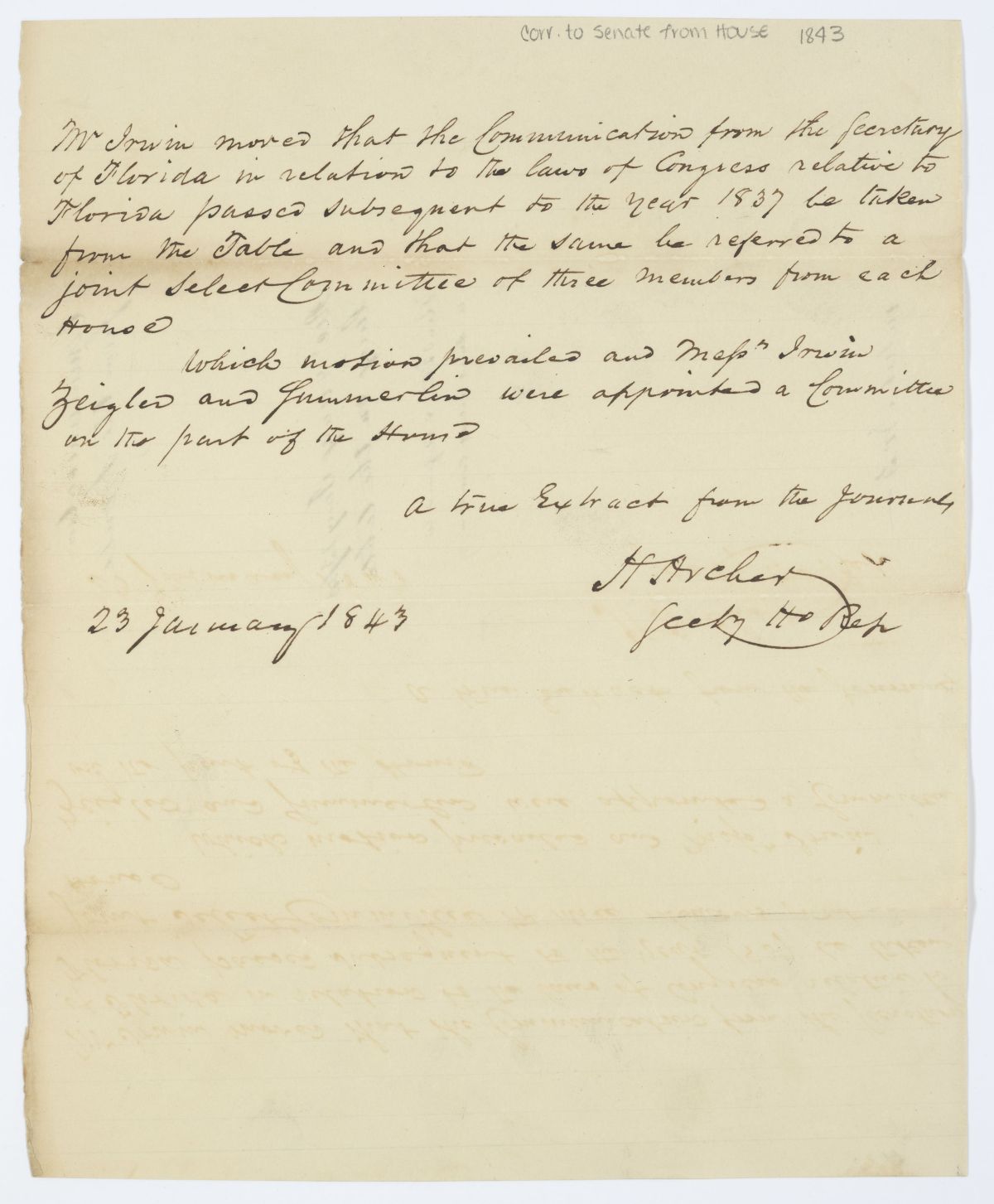 Message from the House Concerning a Joint Select Committee Tasked with Reviewing a Message from the Secretary of Florida, 1843