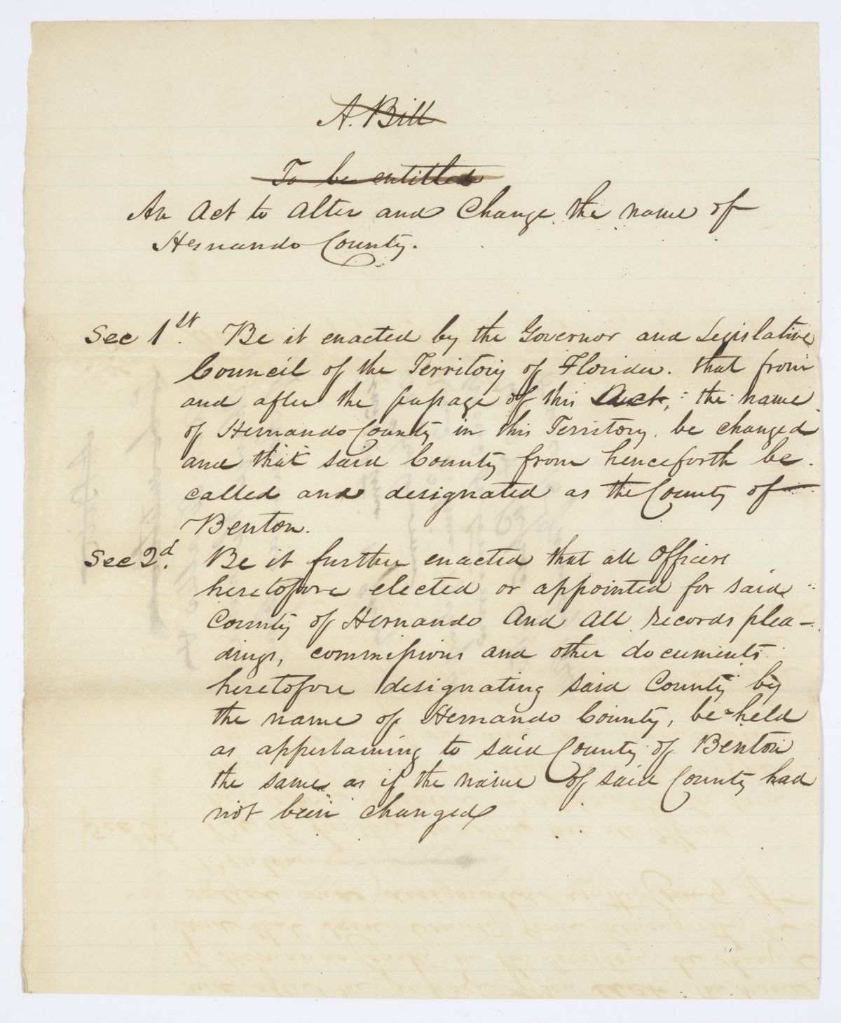 Draft of an Act to Alter and Change the Name of Hernando County, 1844