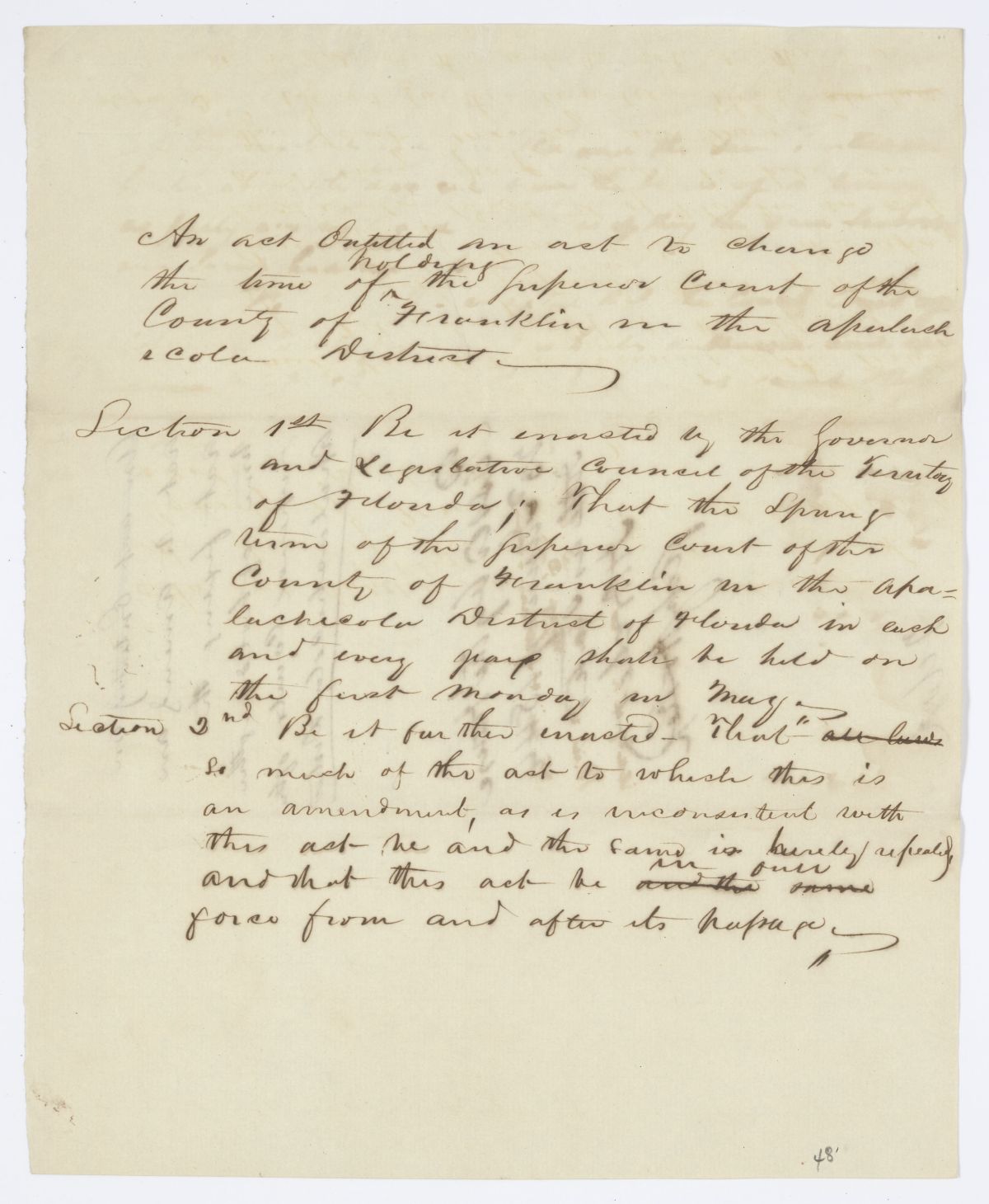 Draft of an Act to Change the Time of Holding the Superior Court of the County of Franklin in the Apalachicola District, 1844