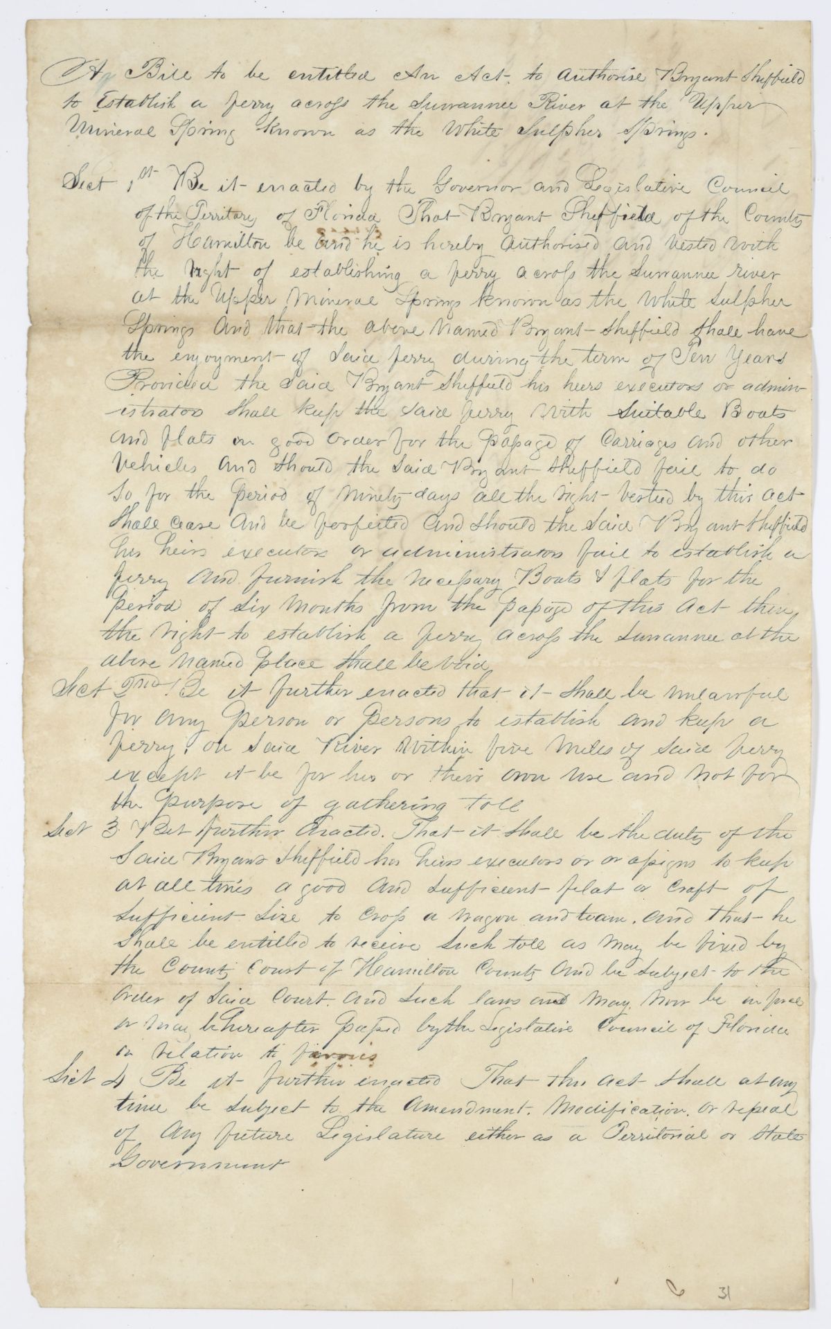 Draft of an Act to Authorize Bryant Sheffield to Establish a Ferry Across the Suwannee River at the Upper Mineral Springs, 1842