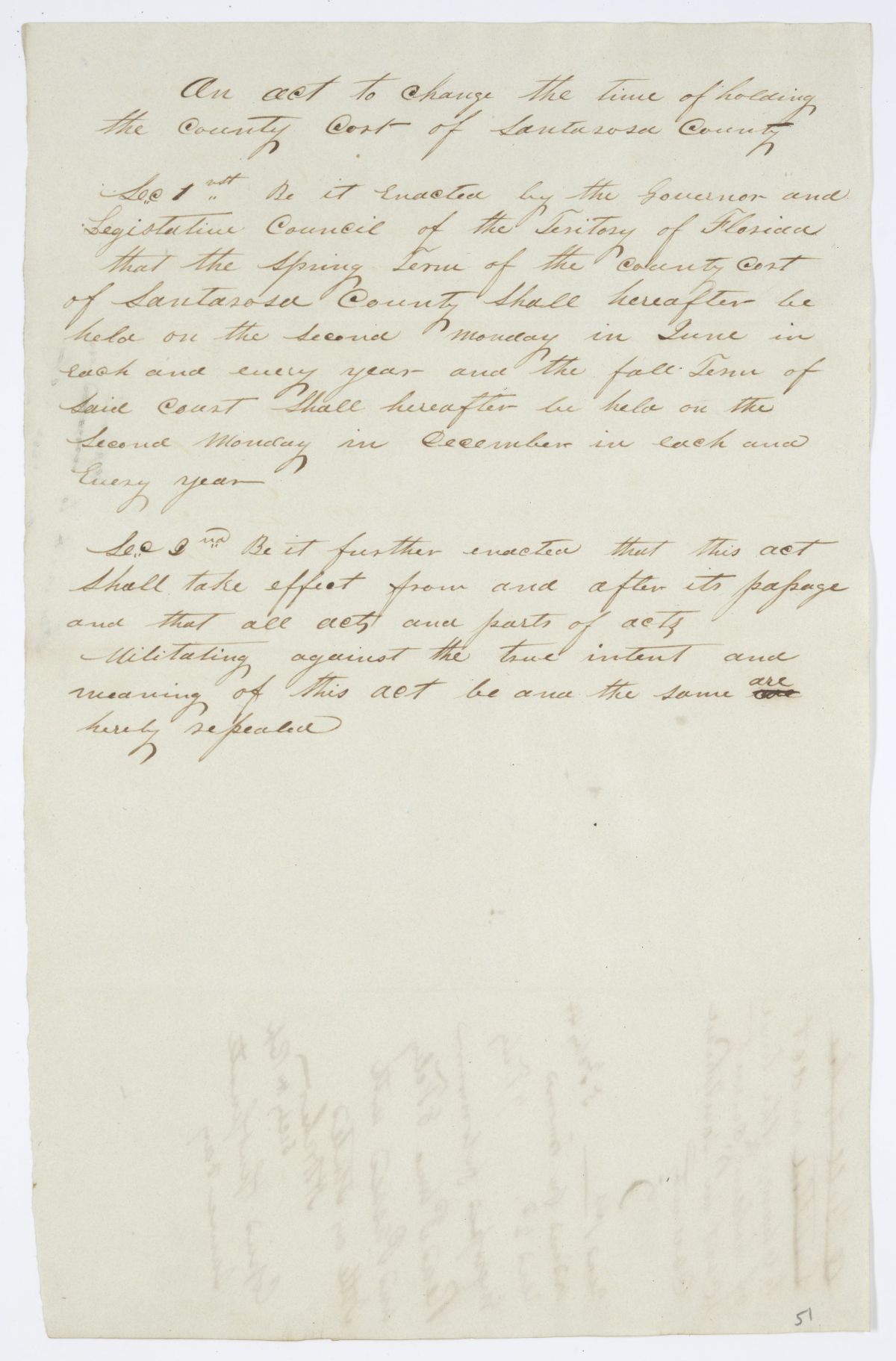 Draft of an Act to Change the Time of Holding the County Court of Santa Rosa County, 1844