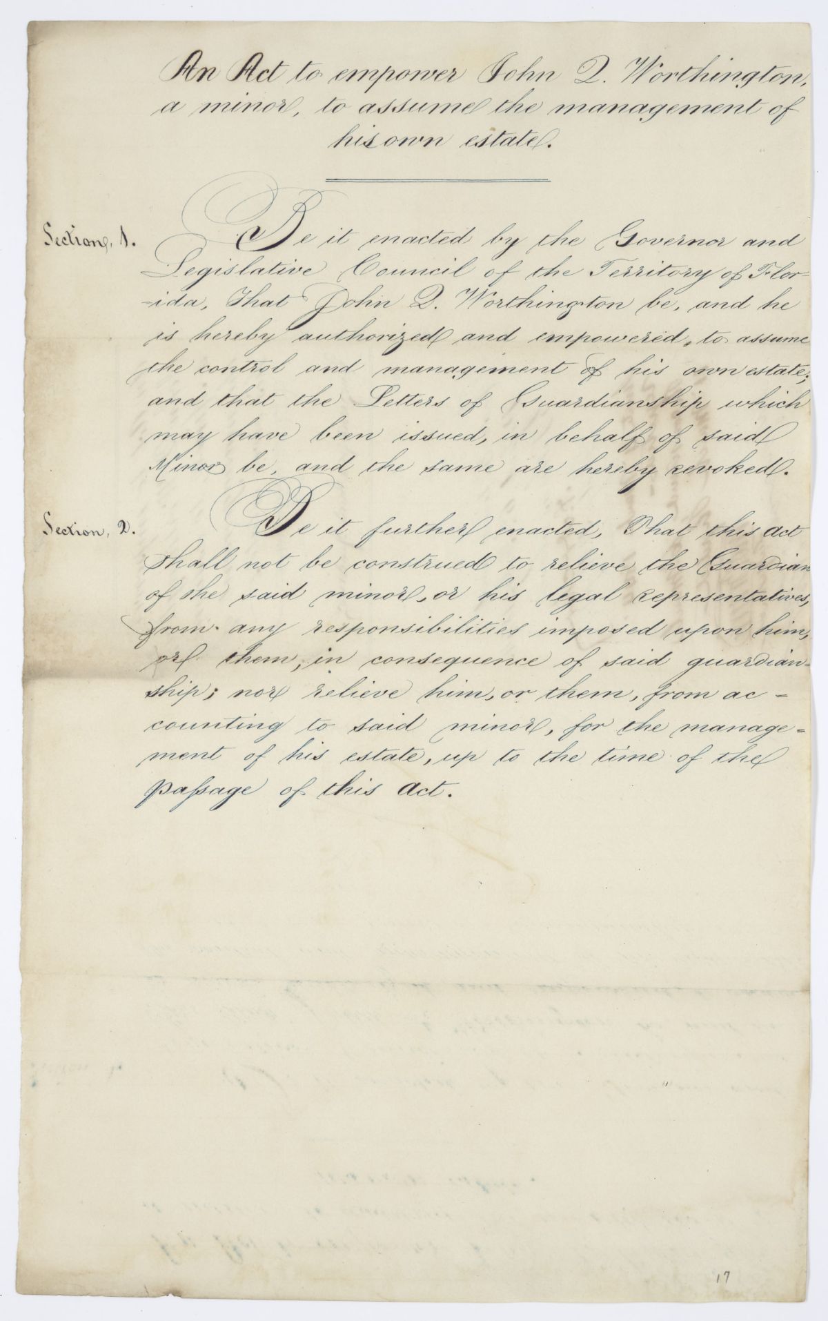 Draft of an Act to Empower John Q. Worthington to Assume the Management of His Own Estate, 1844