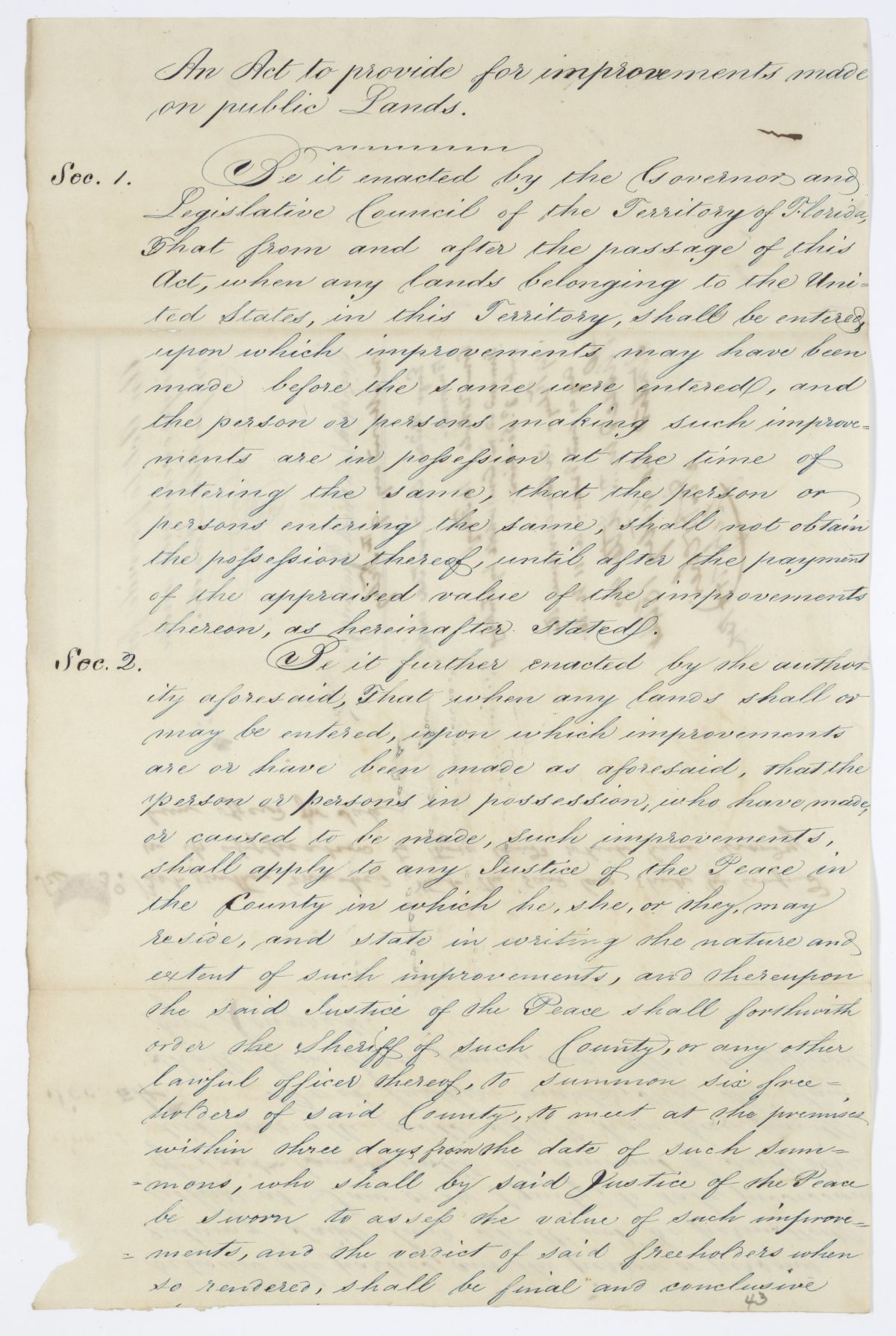 Draft of an Act to Provide for Improvements Made on Public Lands, 1844