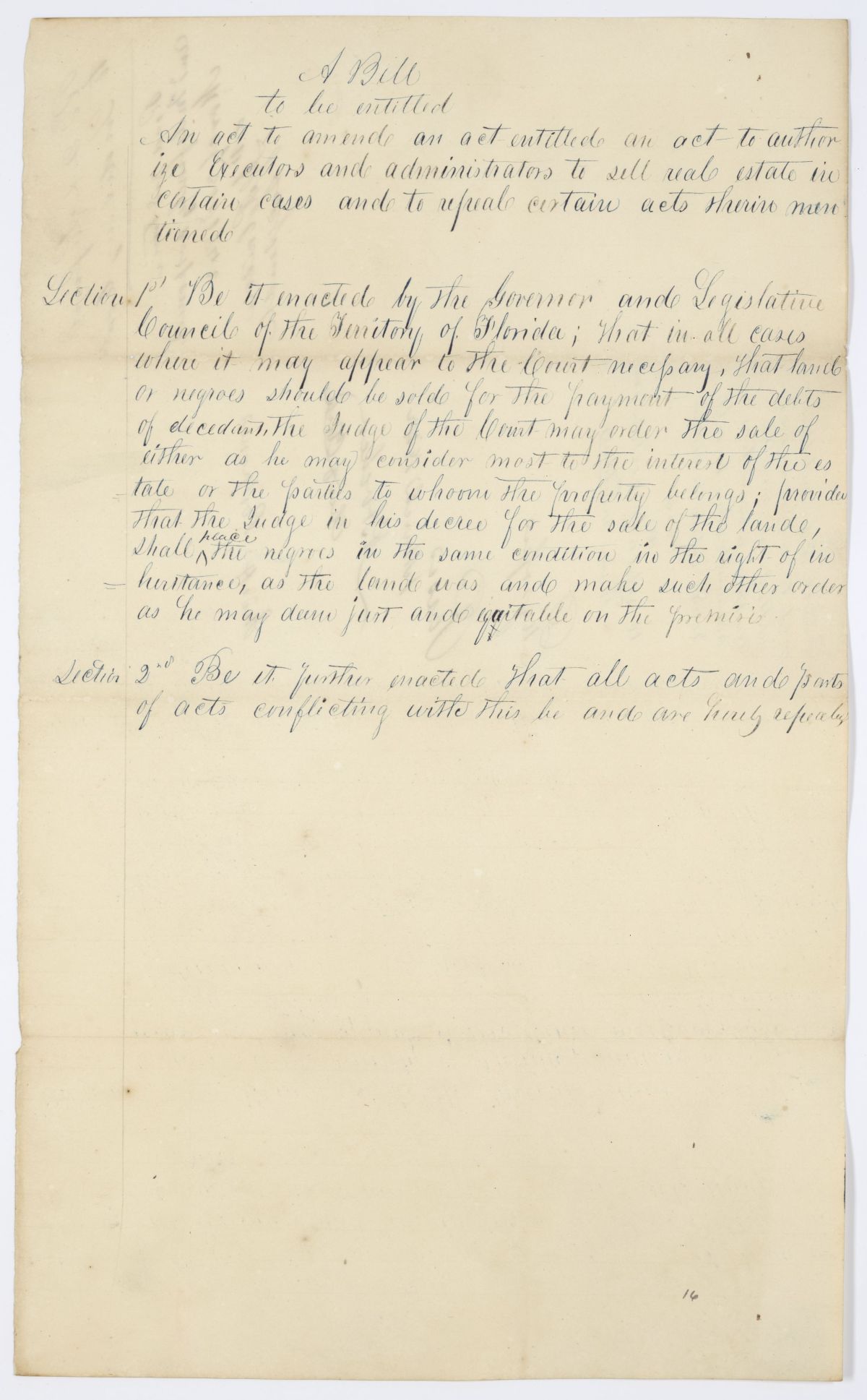 Draft of an Act to Amend an Act to Authorize Executors and Administrators to Sell Real Estate in Certain Cases, 1842