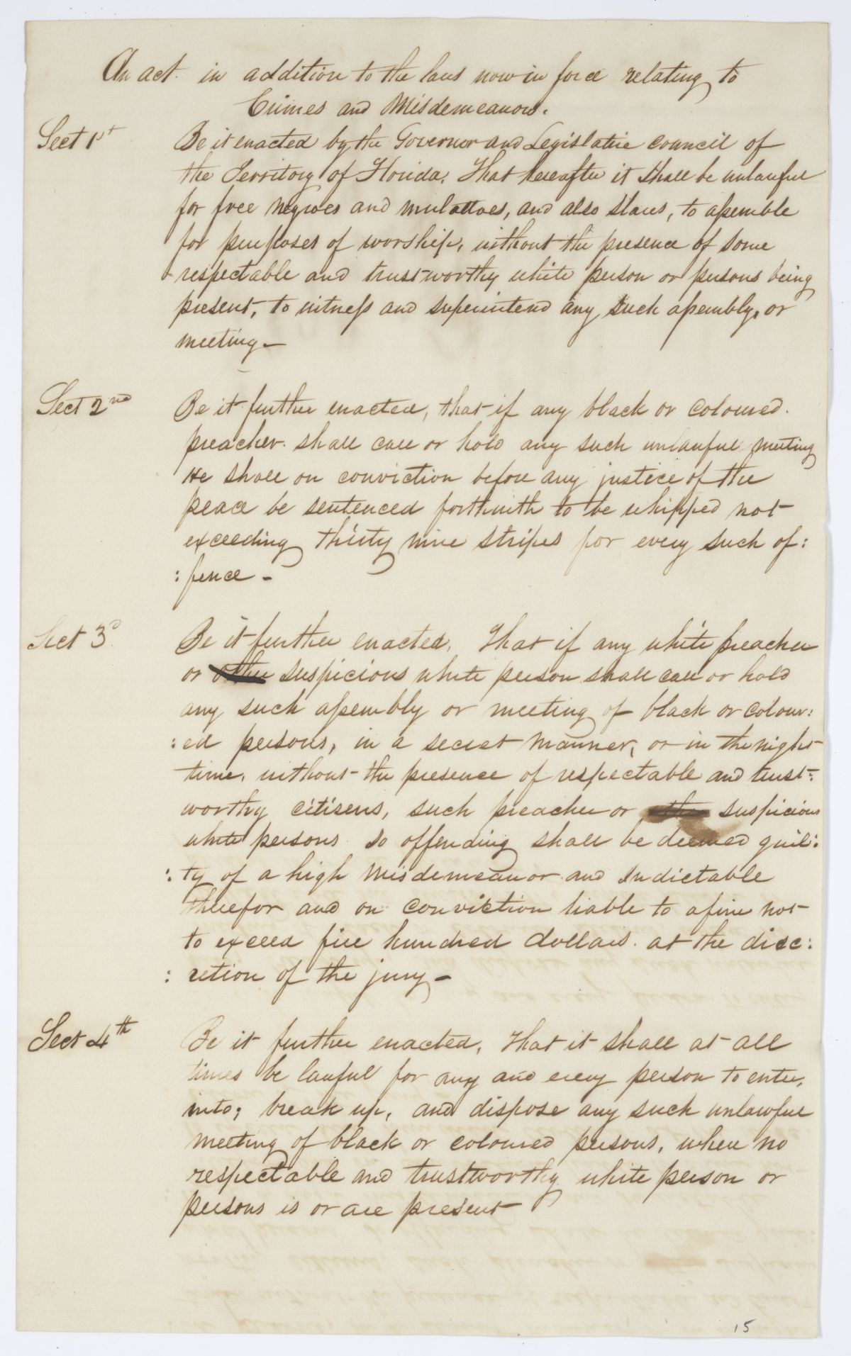 Draft of an Act in Addition to the Laws Now in Force Relating to Crimes and Misdemeanors, 1844