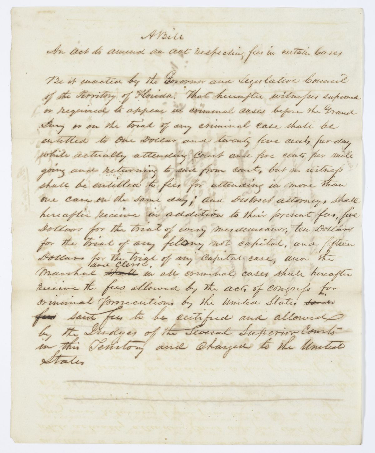 Draft of an Act to Amend an Act Respecting Fees in Certain Cases, circa 1844