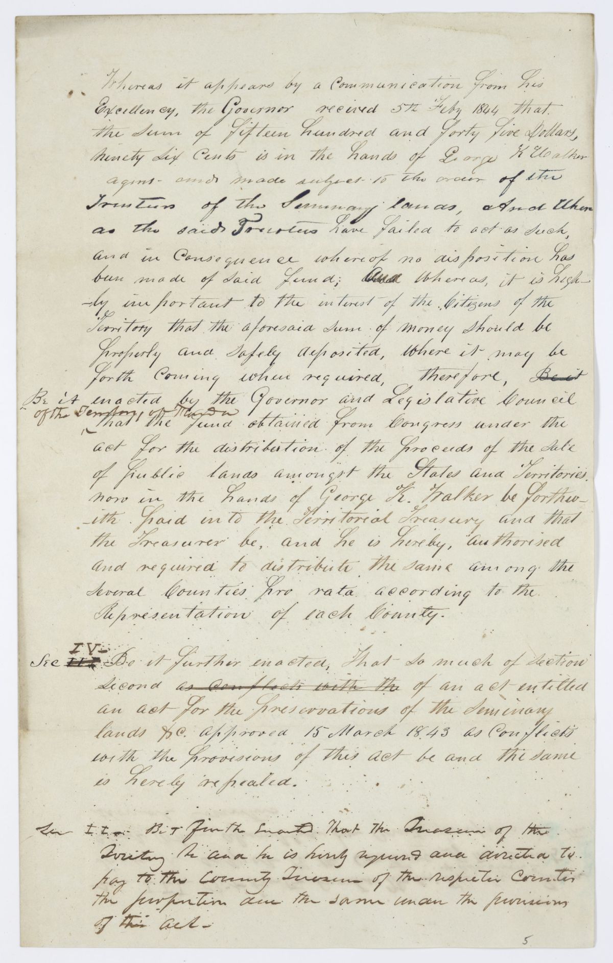 Draft of an Act to Provide for the Distribution of the Funds Received from the Sale of Public Lands Under an Act of Congress, 1844