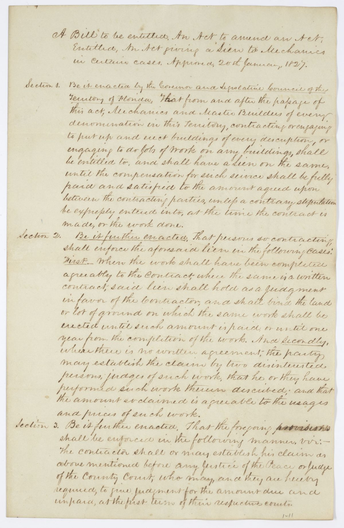 Draft of an Act to Amend an Act Giving a Lien to Mechanics in Certain Cases, 1844