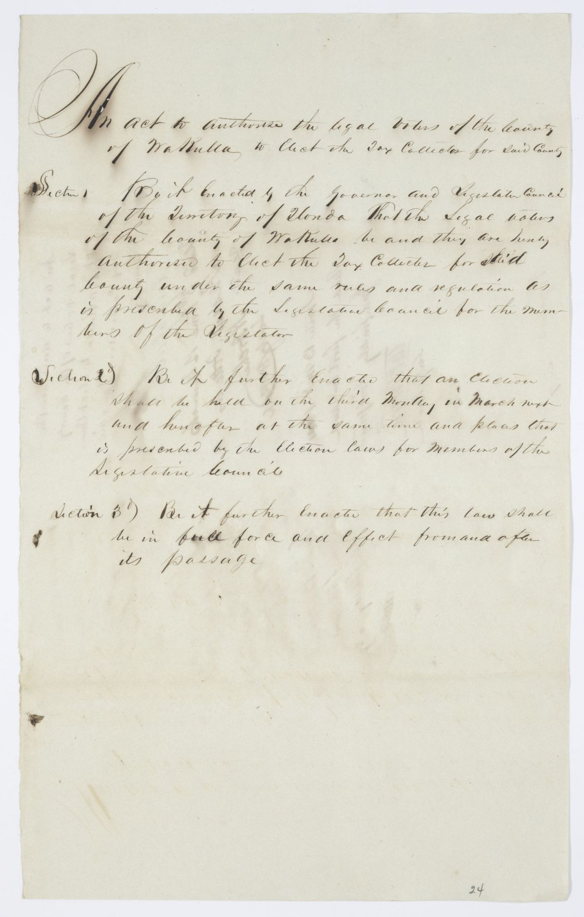 Draft of an Act to Authorize the Legal Voters of the County of Wakulla to Elect the Tax Collector, 1844