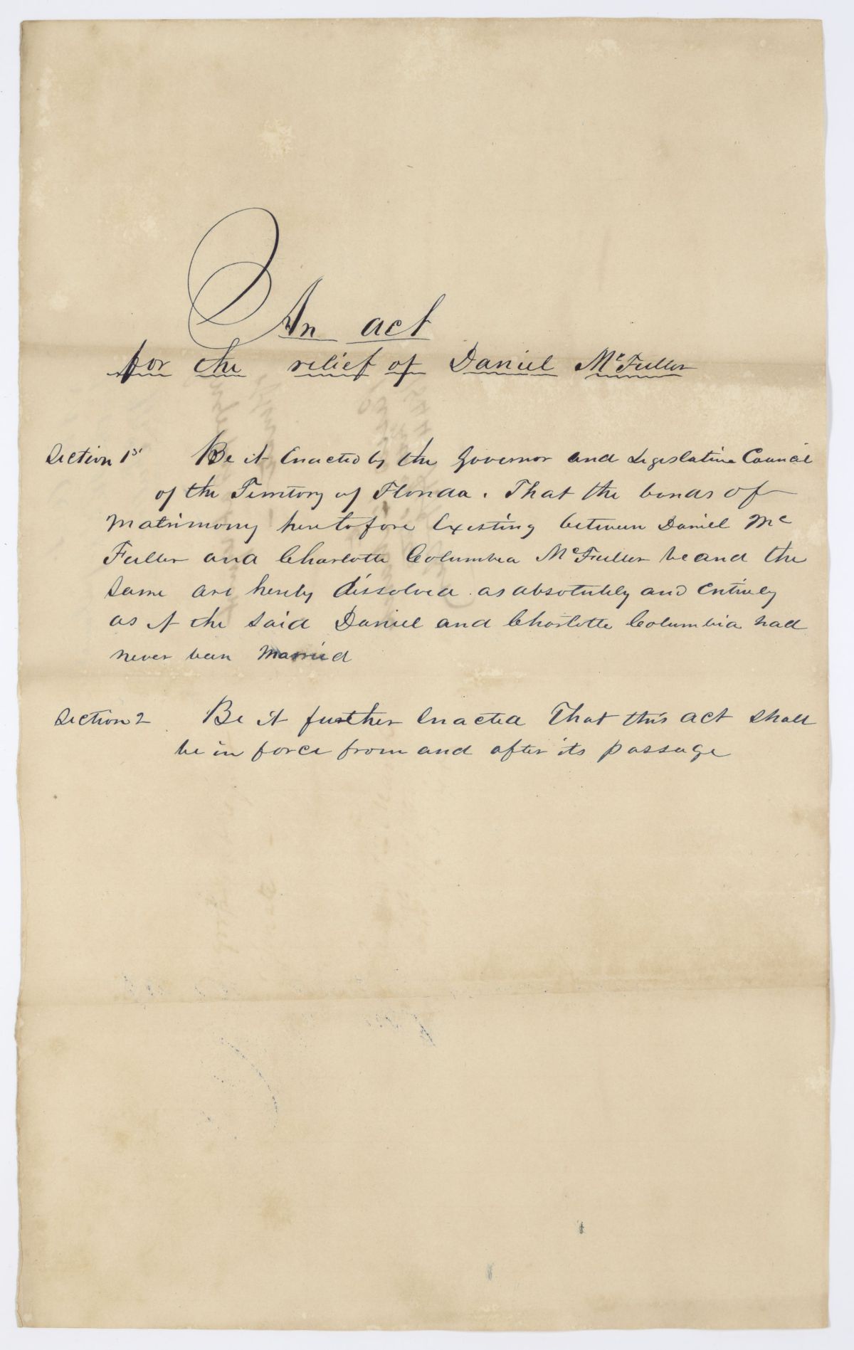 Draft of an Act for the Relief of Daniel McFuller, 1844