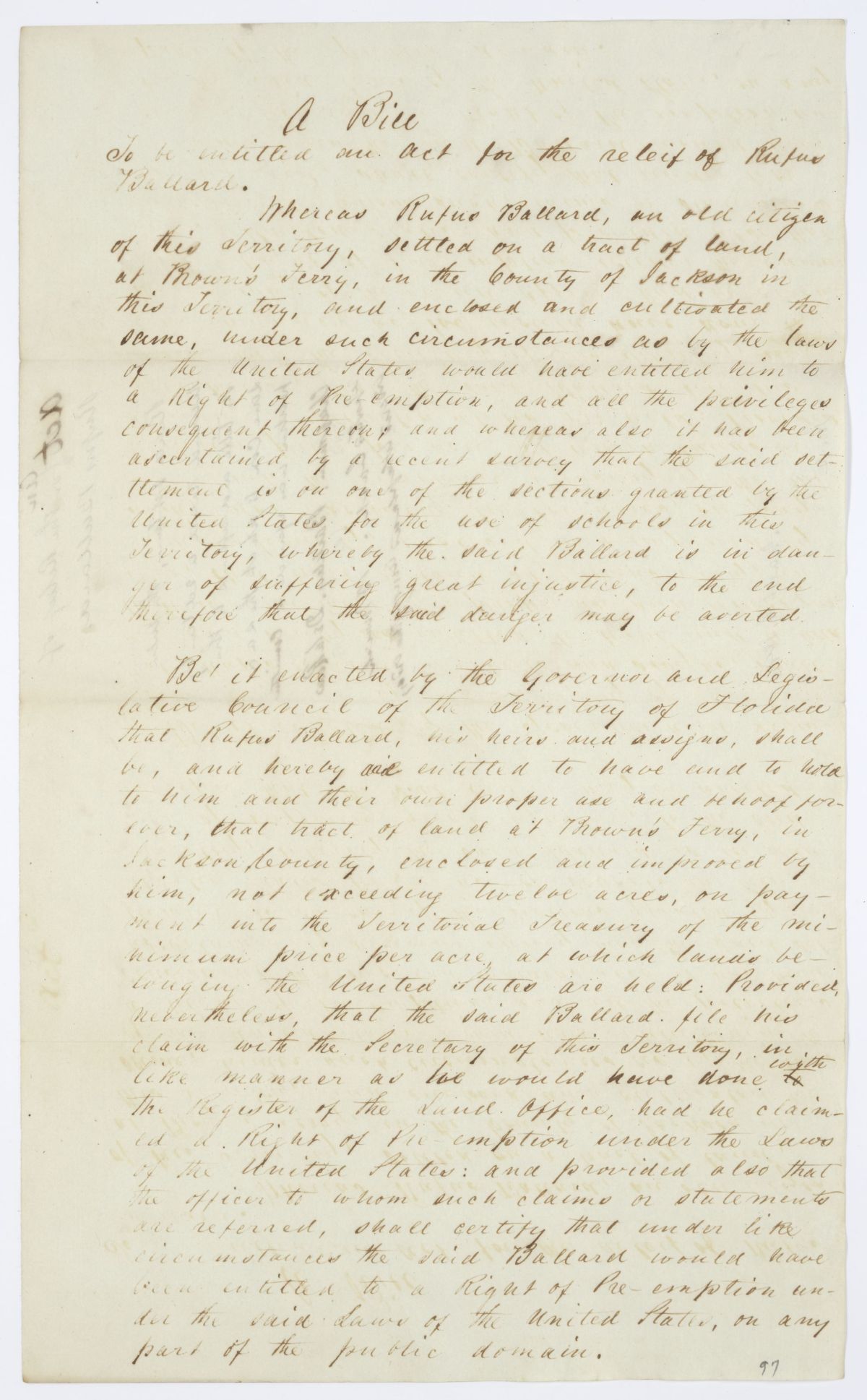 Draft of an Act for the Relief of Rufus Ballard, 1844