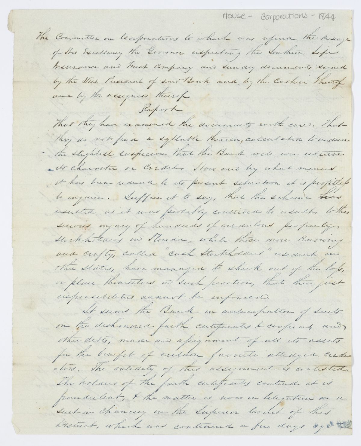 Report of the Committee on Corporations Concerning the Governor's Message and the Southern Life Insurance and Trust Company, circa 1844