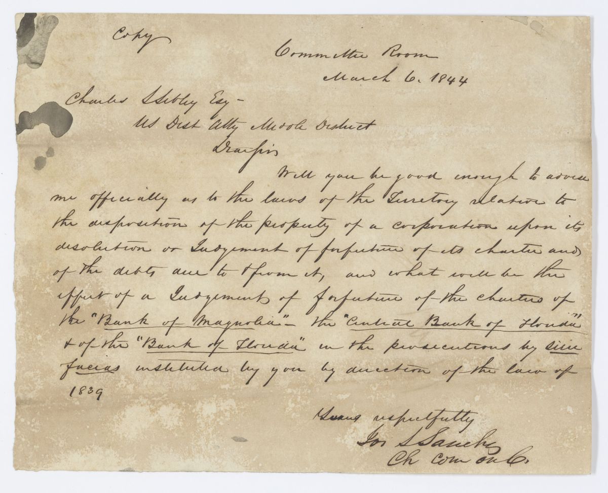 Two Letters Between Joseph Sanchez and Charles Sibley Concerning the Dissolution of Banks in the Territory of Florida, 1844