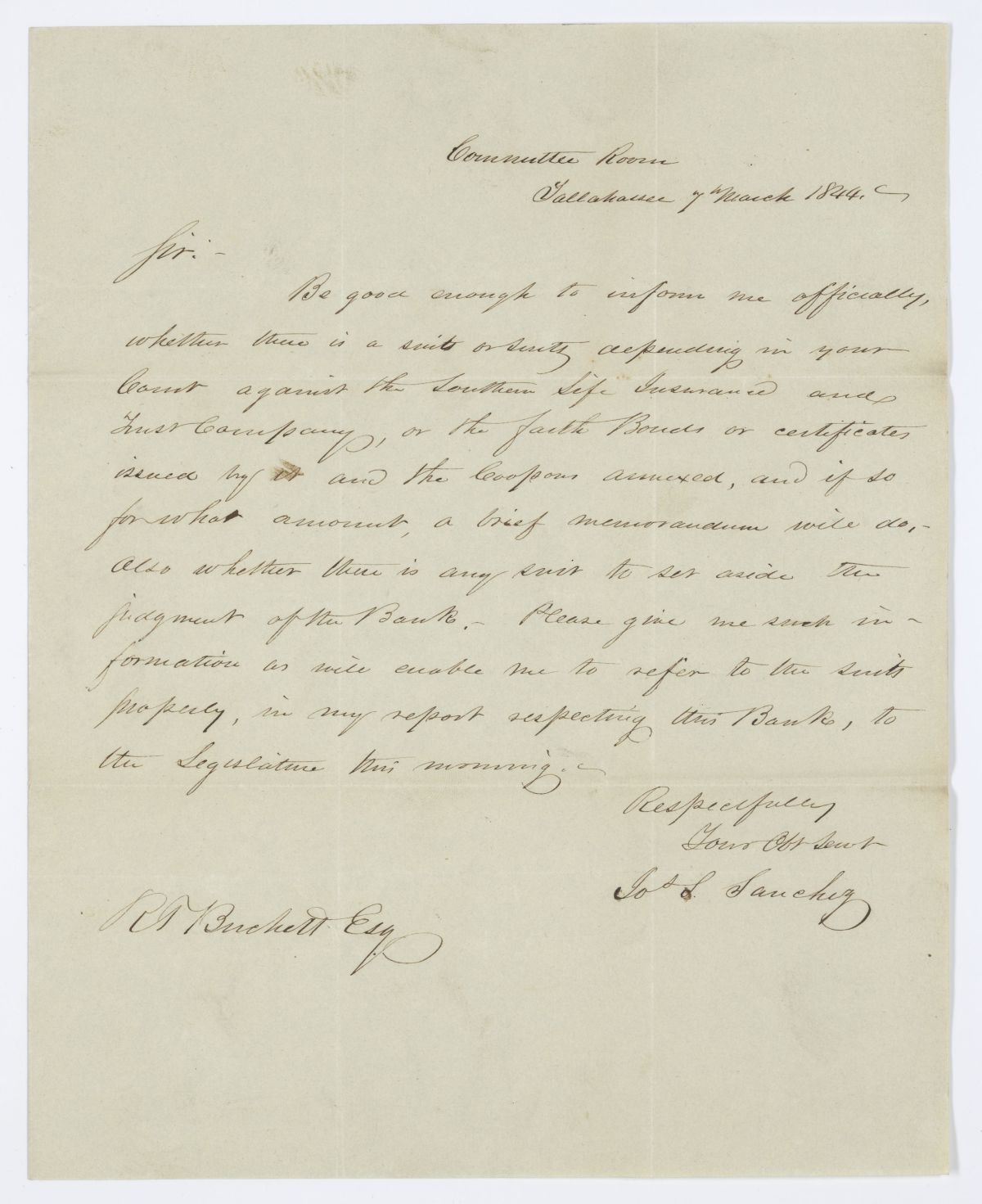 Letter from Joseph S. Sanchez to R. T. Birchett Regarding Suits Against the Southern Life Insurance and Trust Company, 1844