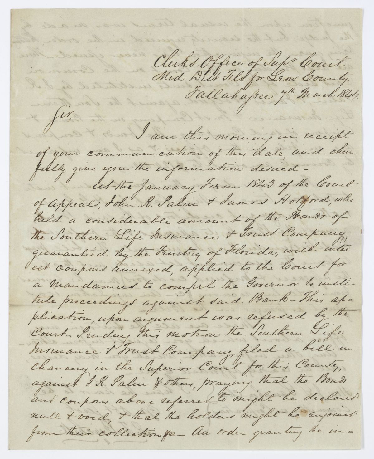 Letter from R. T. Birchett to Joseph S. Sanchez Regarding Suits Against the Southern Life Insurance and Trust Company, 1844