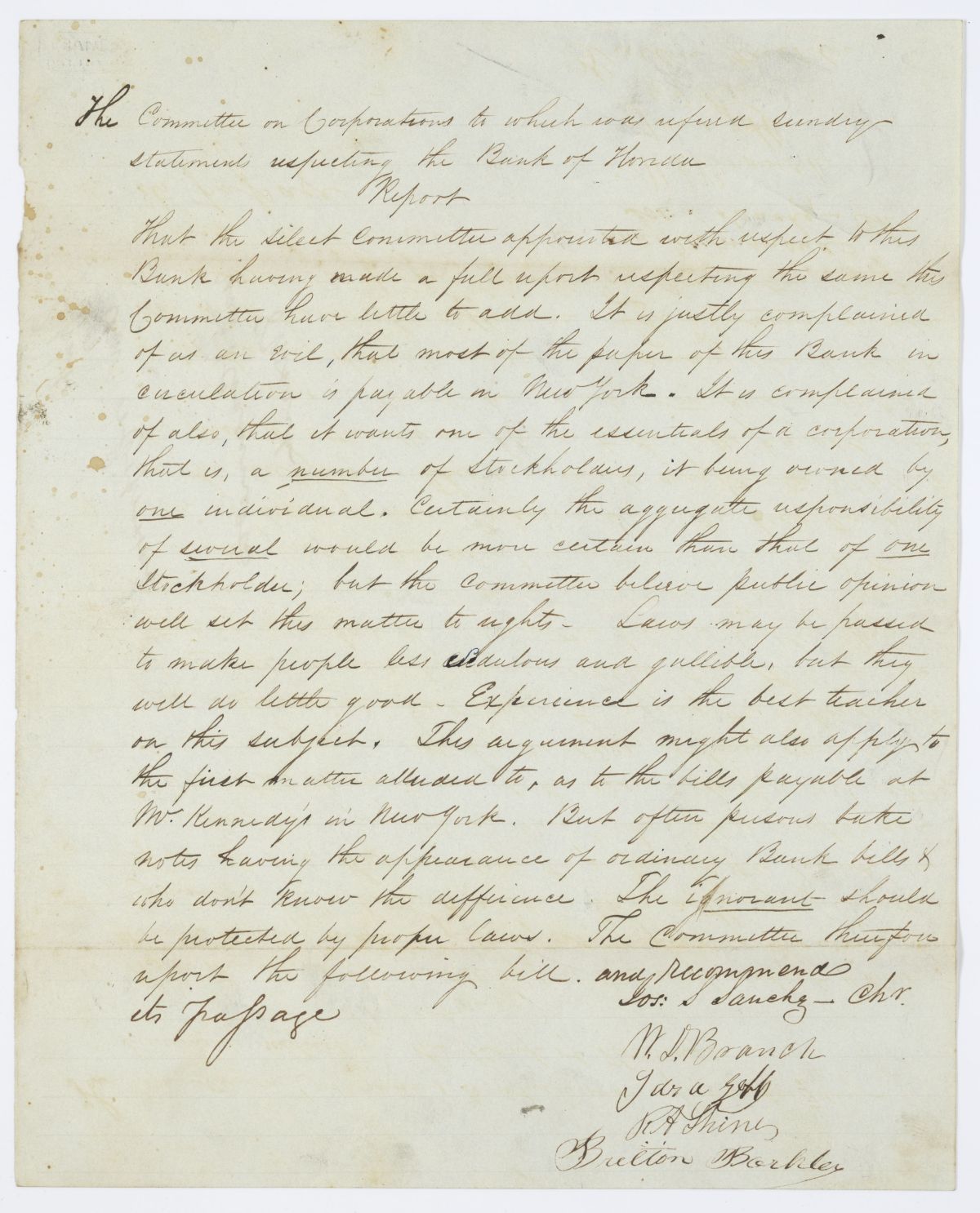 Report of the Committee on Corporations to Which Was Referred Statements Respecting the Bank of Florida, circa 1844