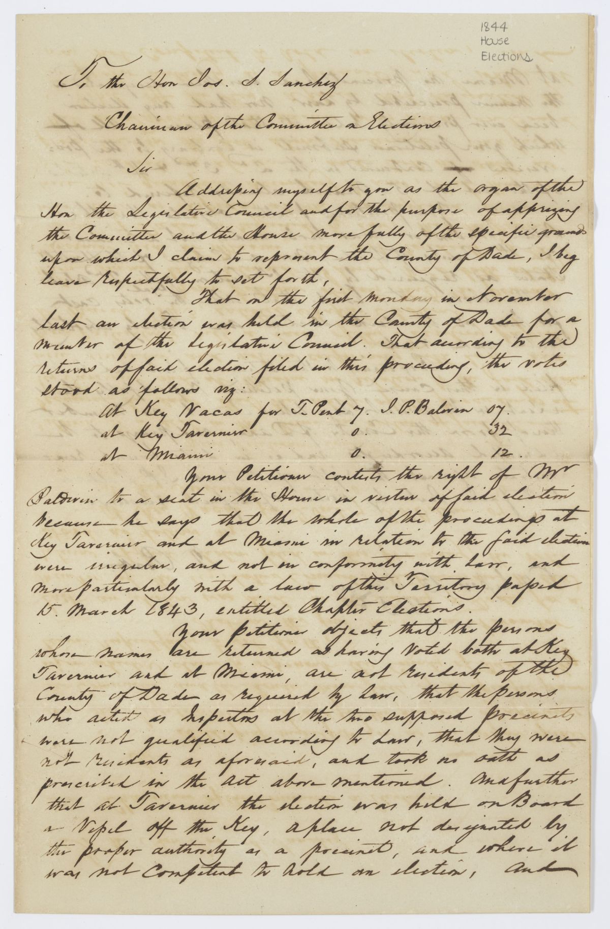 Petition from Temple Pent to Joseph S. Sanchez Regarding a Contested Election as Representative on the Territorial Legislative Council, 1843