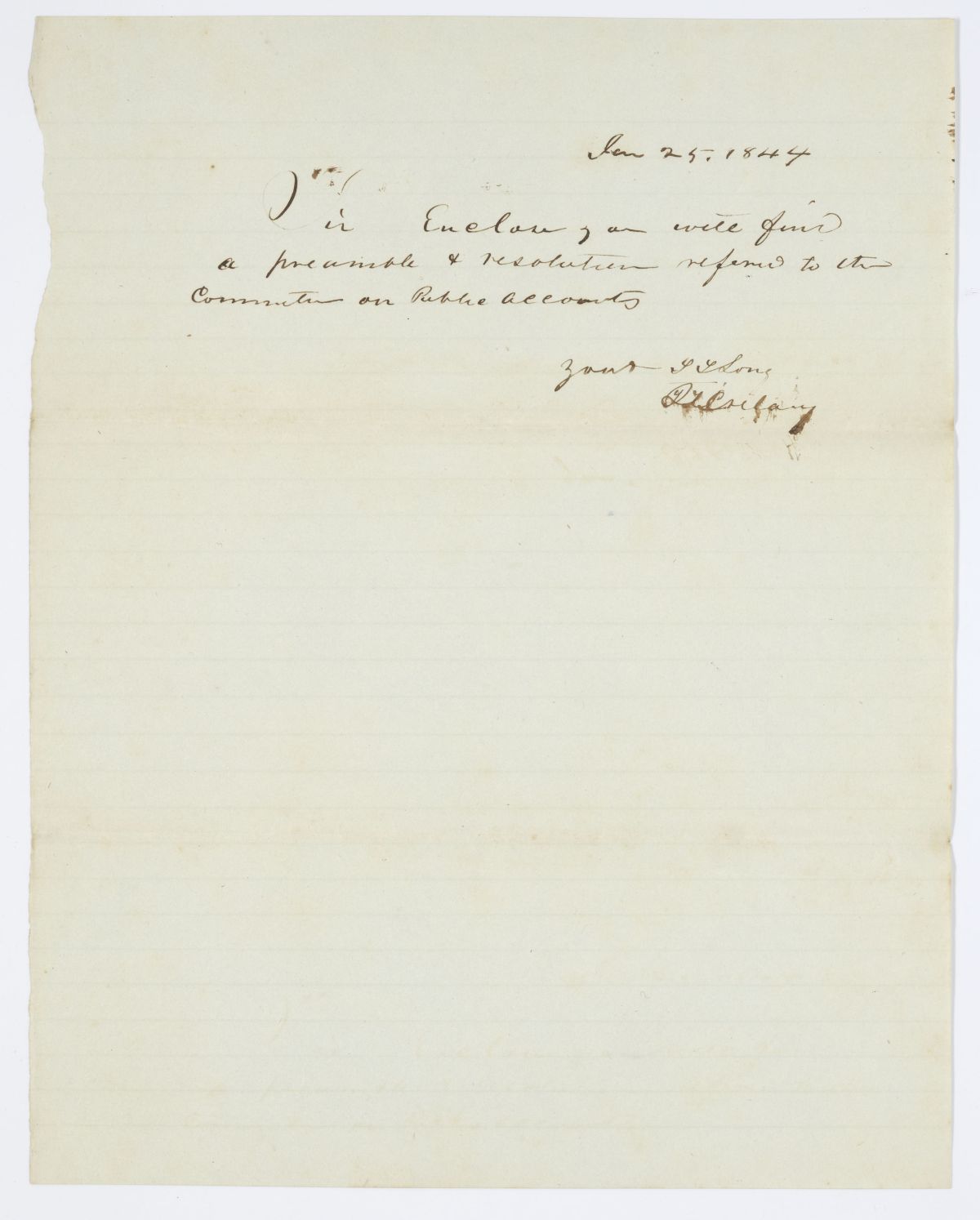 Message from T. T. Long Regarding a Resolution Referred to the Committee on Public Accounts, 1844