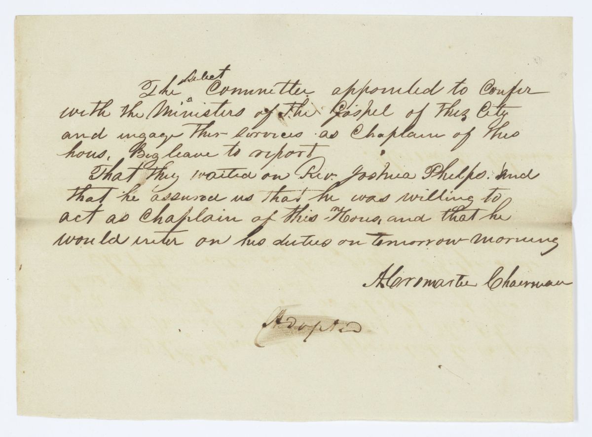 Report of the Select Committee Appointed to Confer with Ministers and Hire a Chaplain for the House, circa 1844